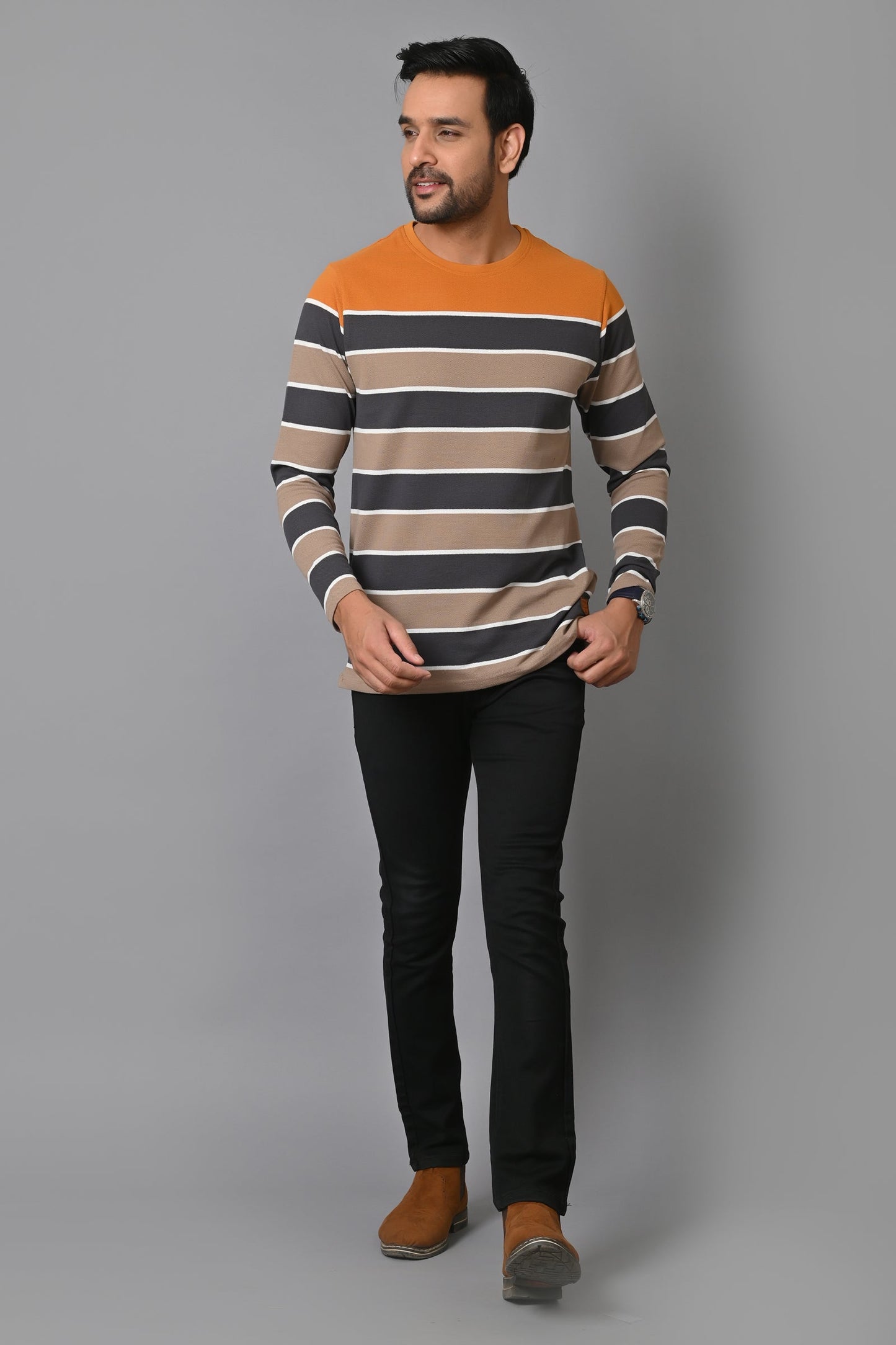 Arbour Men Round Neck Stripes Full Sleeves T-Shirt