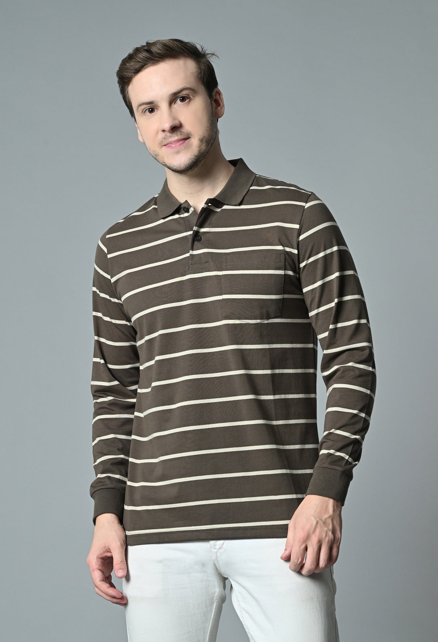 Arbour Men Polo Neck Stripes Pocket Full Sleeves T-Shirt