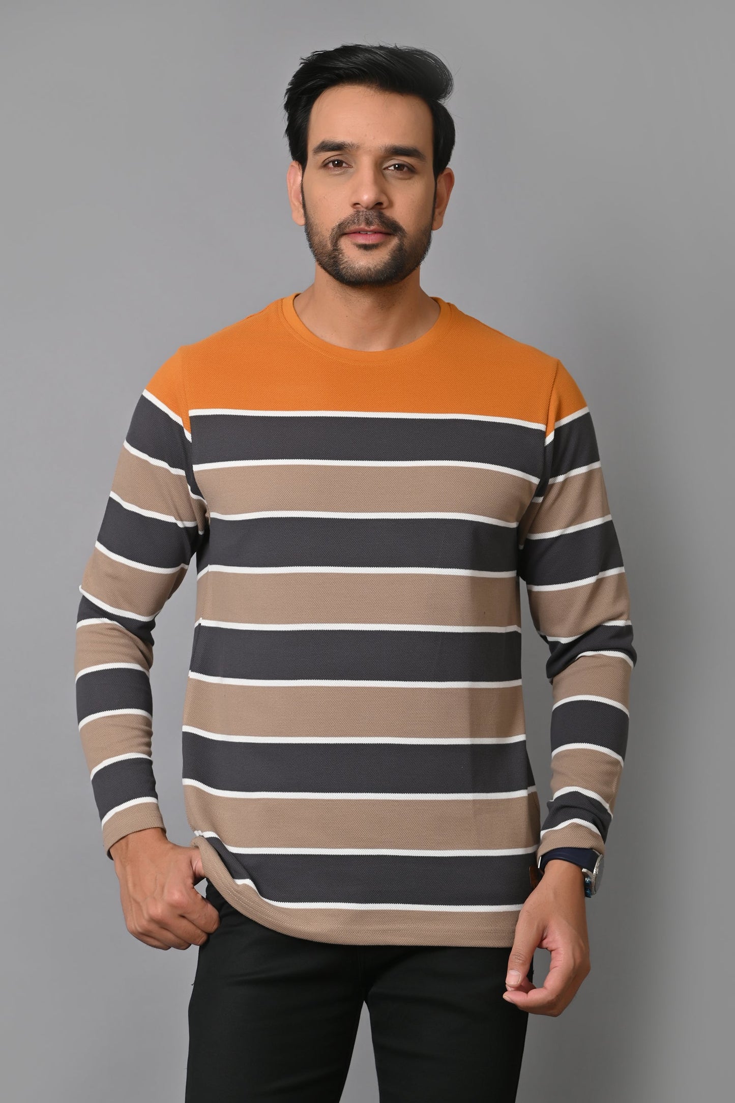 Arbour Men Round Neck Stripes Full Sleeves T-Shirt