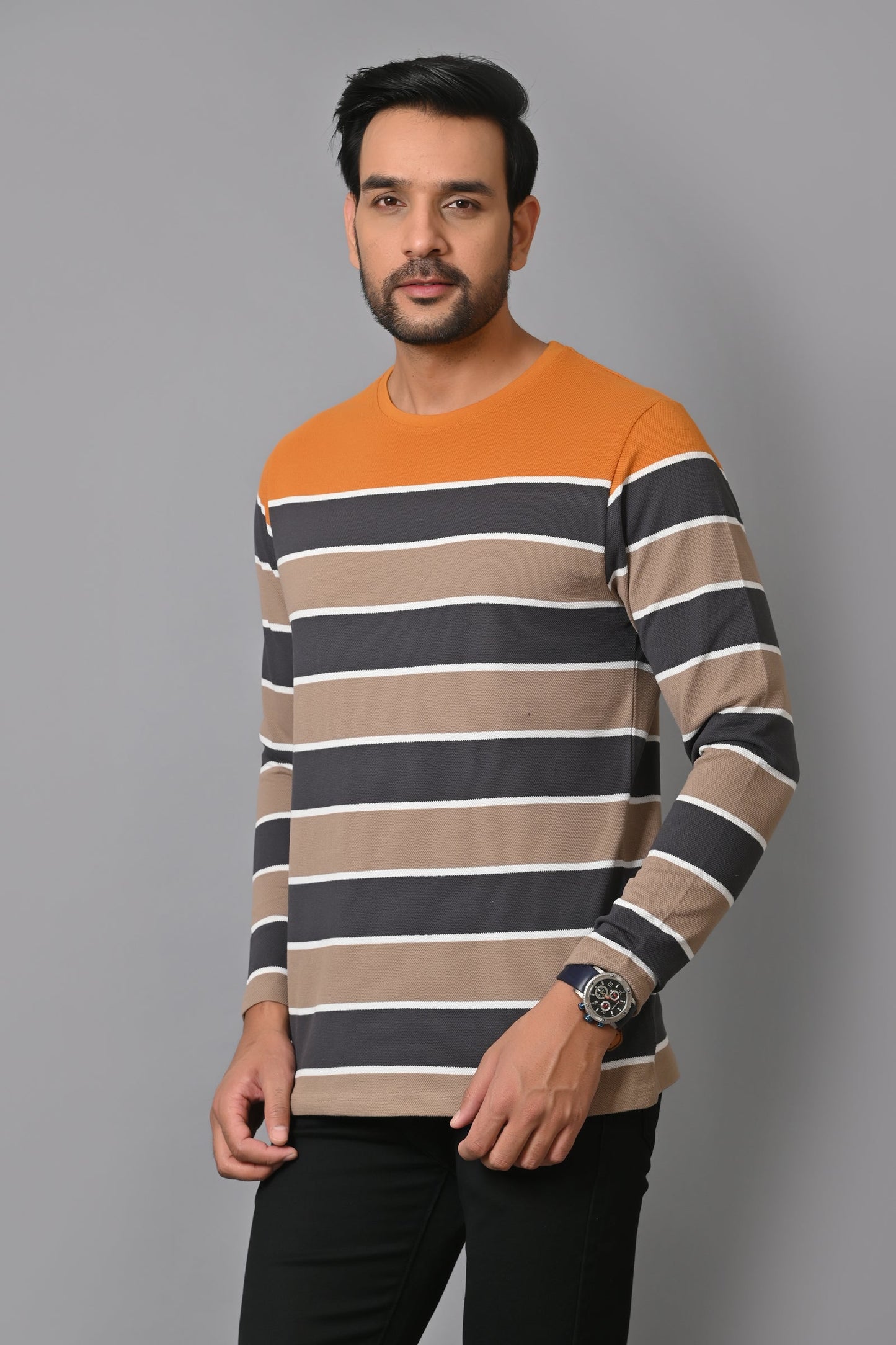 Arbour Men Round Neck Stripes Full Sleeves T-Shirt