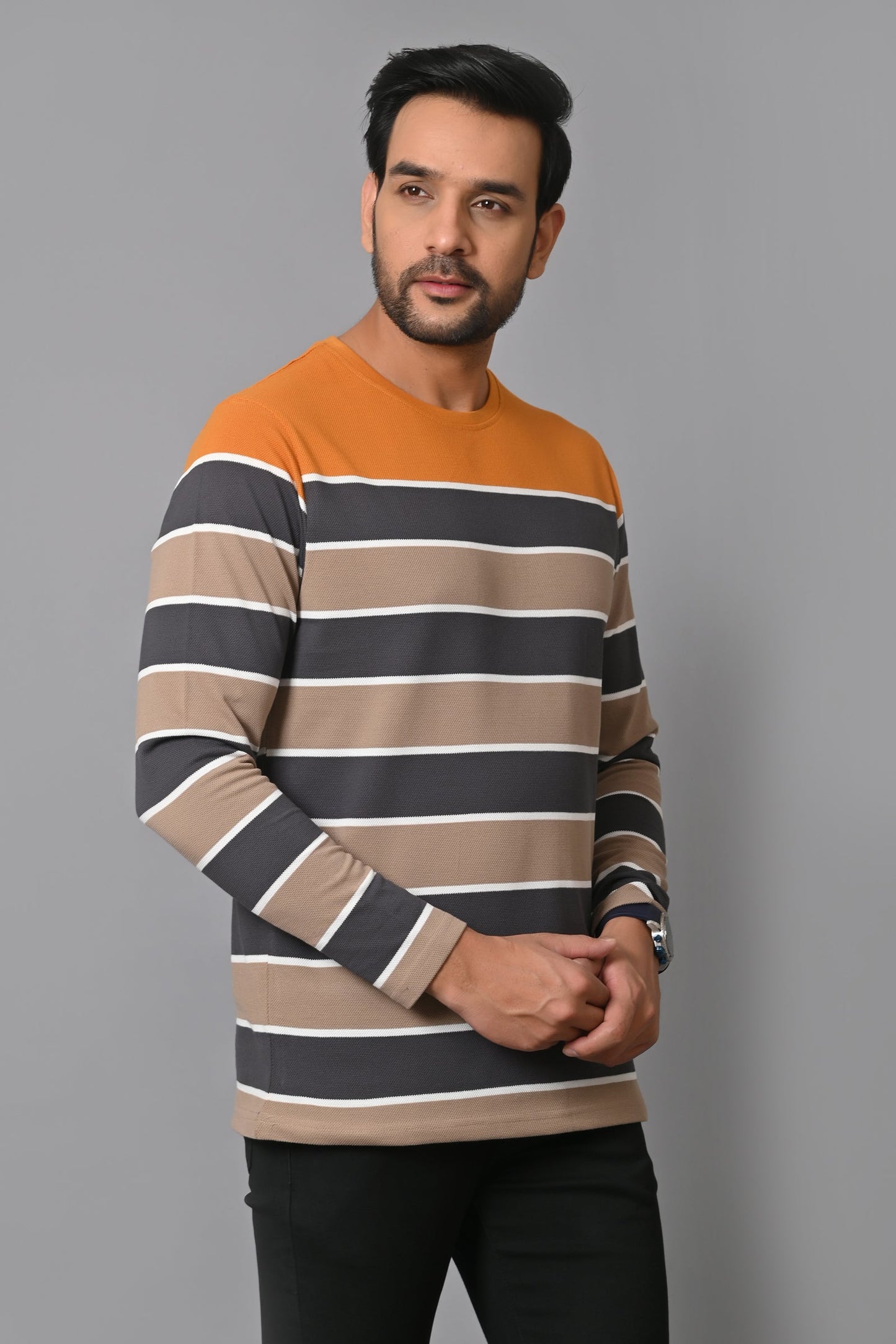 Arbour Men Round Neck Stripes Full Sleeves T-Shirt