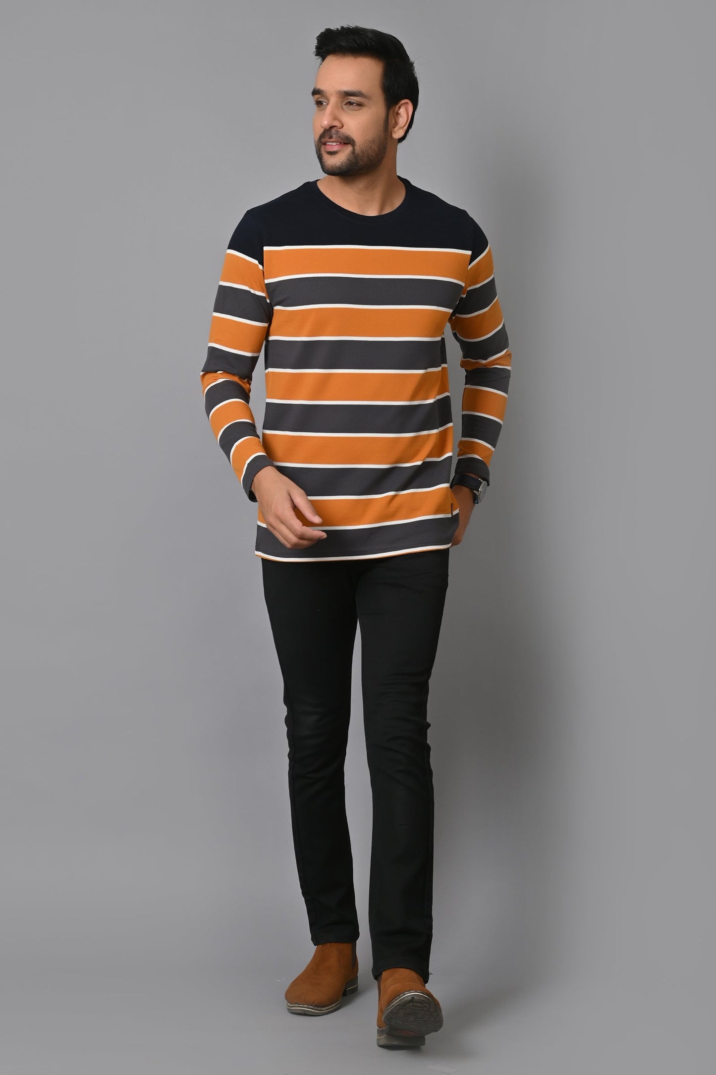 Arbour Men Round Neck Stripes Full Sleeves T-Shirt