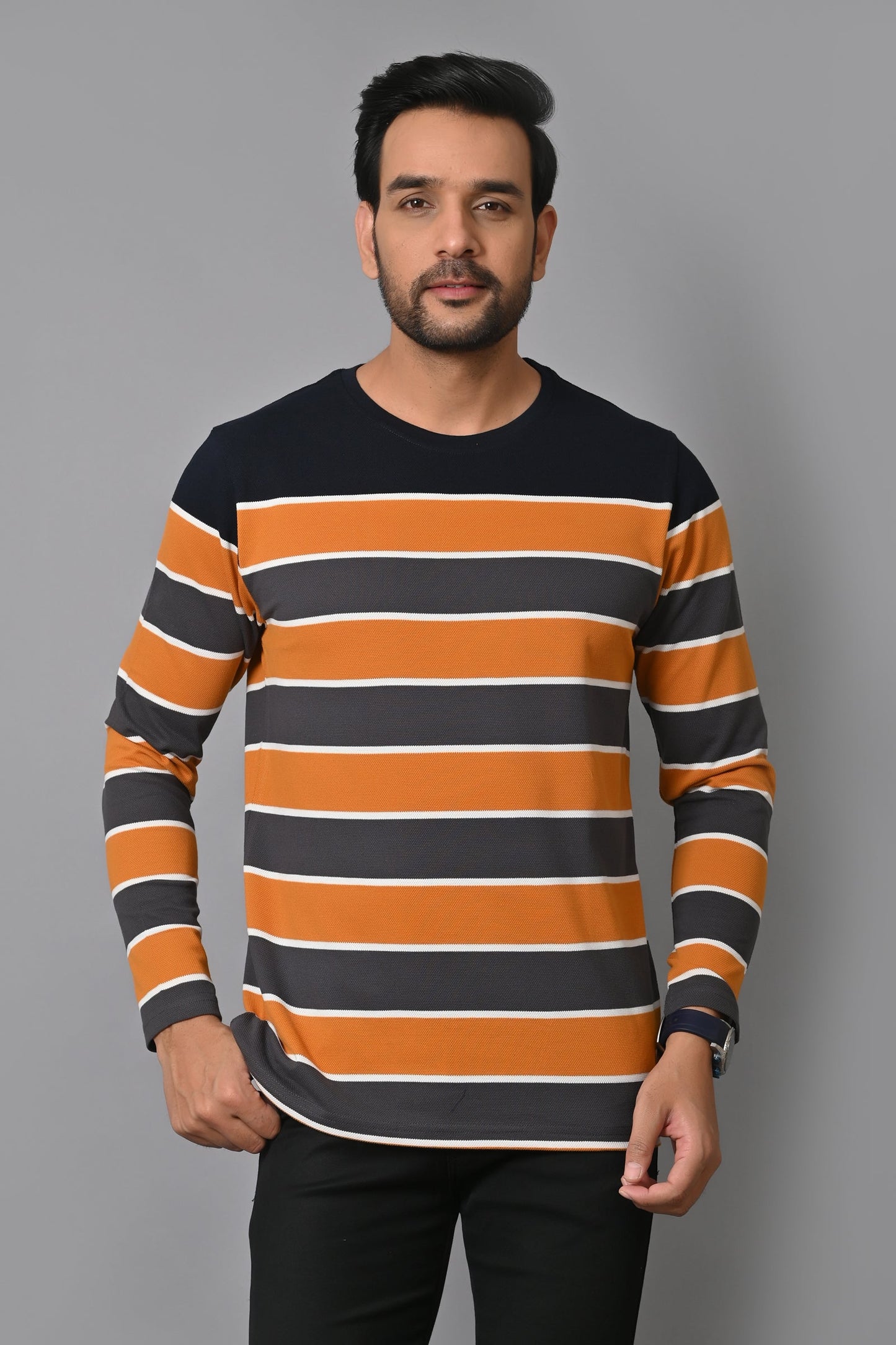 Arbour Men Round Neck Stripes Full Sleeves T-Shirt