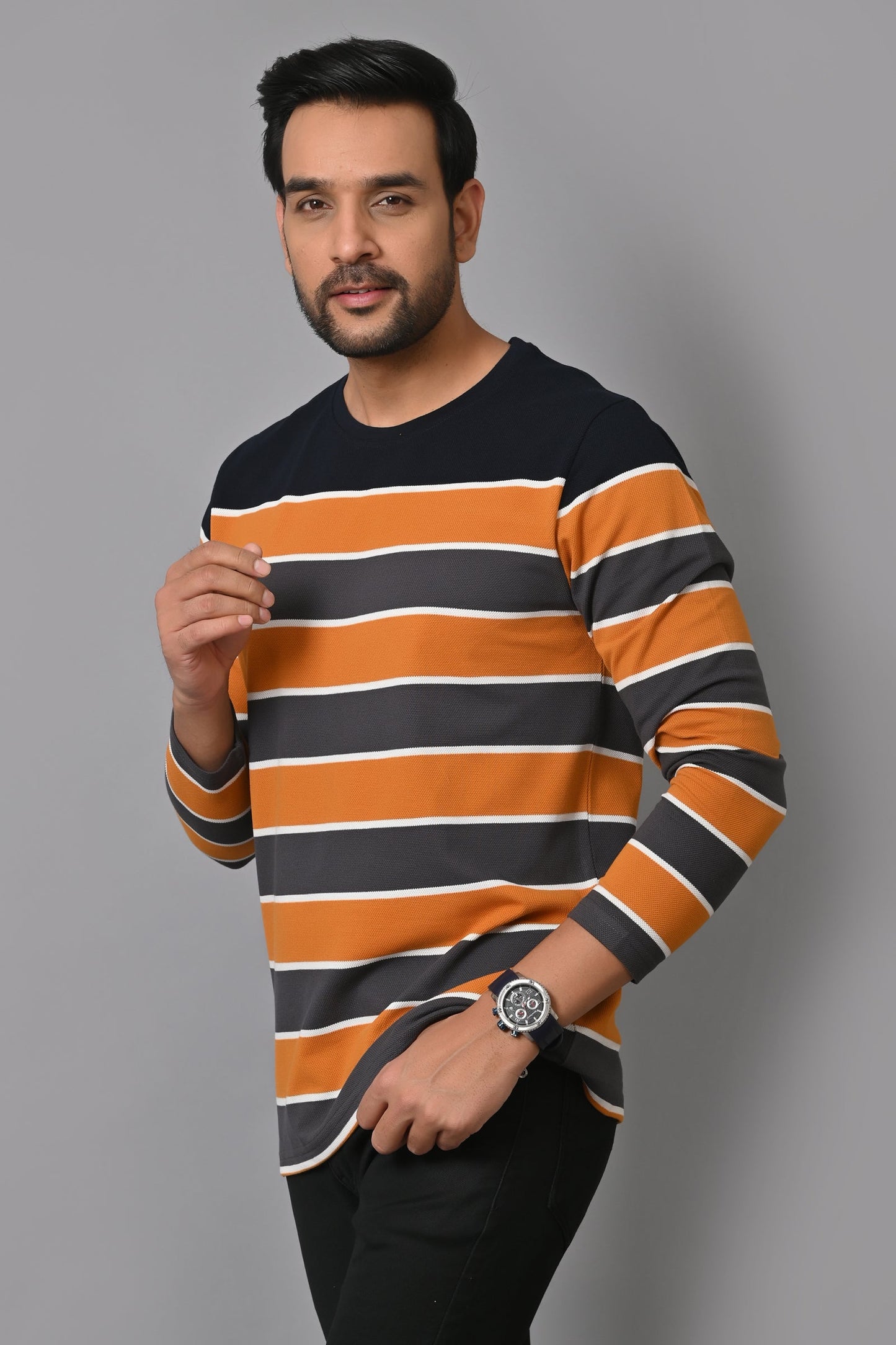 Arbour Men Round Neck Stripes Full Sleeves T-Shirt