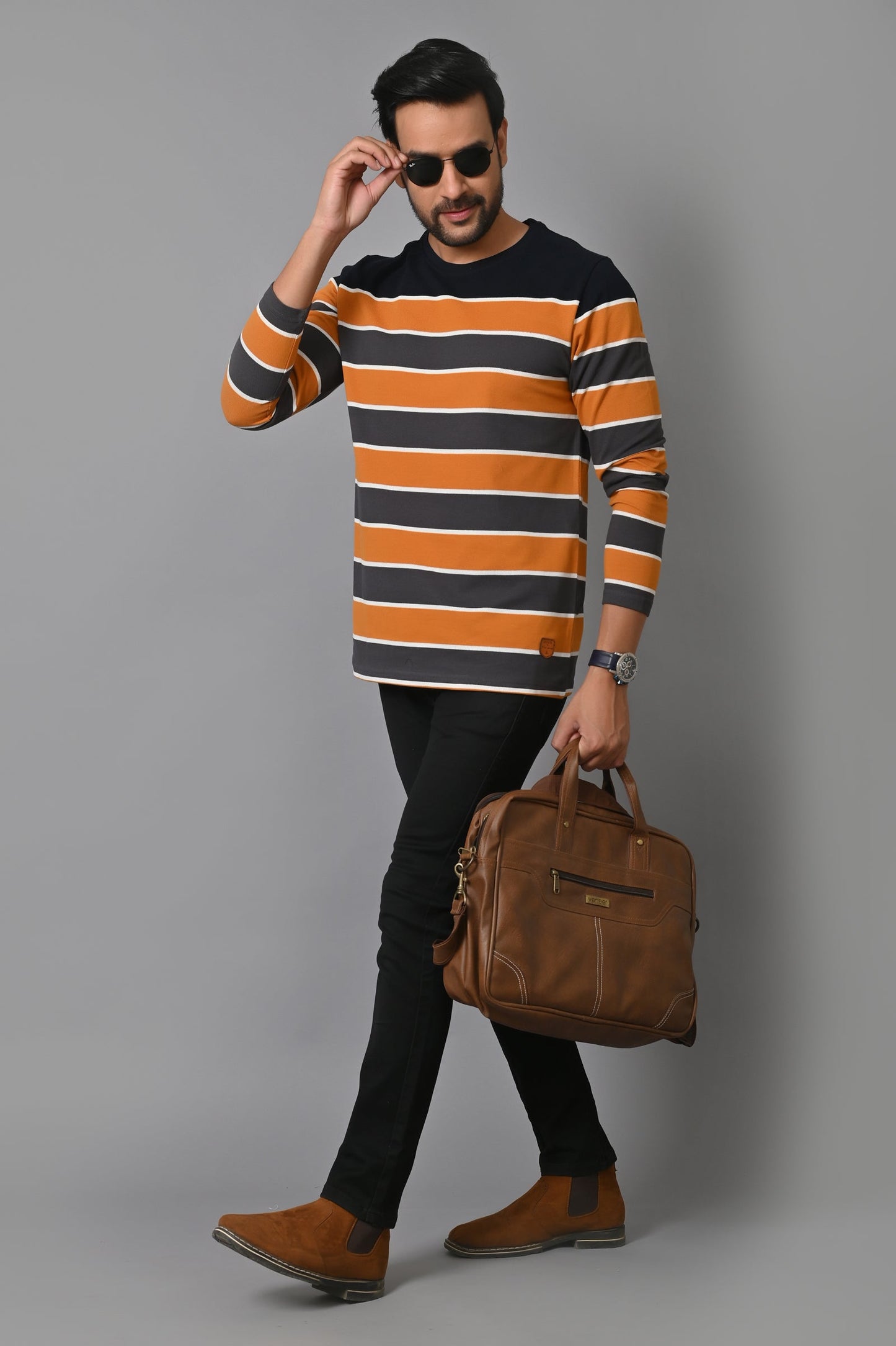 Arbour Men Round Neck Stripes Full Sleeves T-Shirt