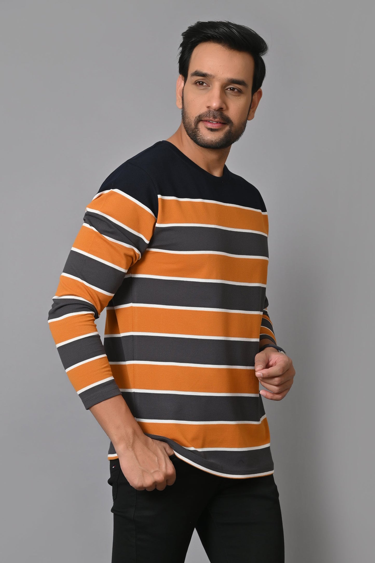 Arbour Men Round Neck Stripes Full Sleeves T-Shirt