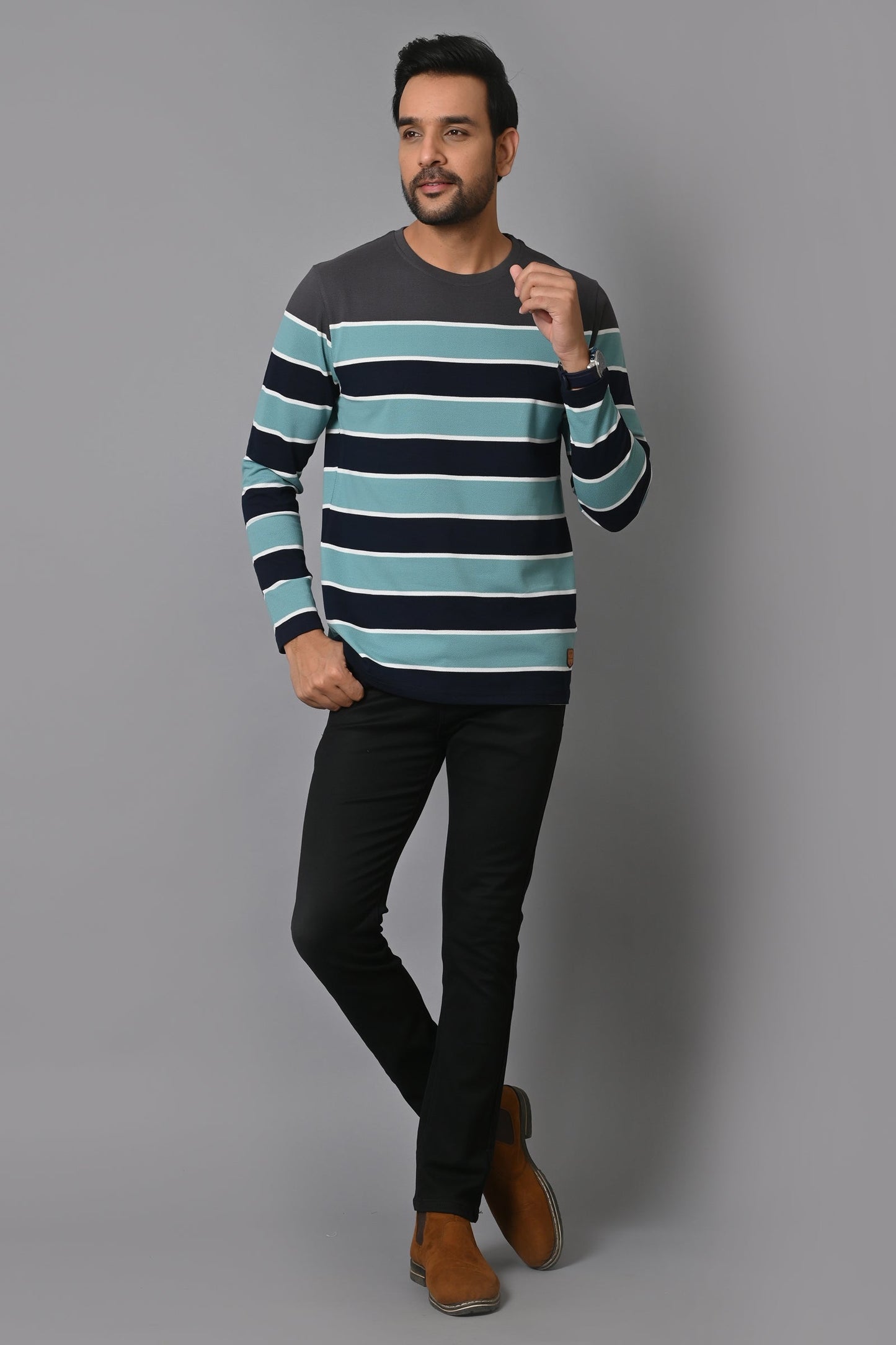 Arbour Men Round Neck Stripes Full Sleeves T-Shirt