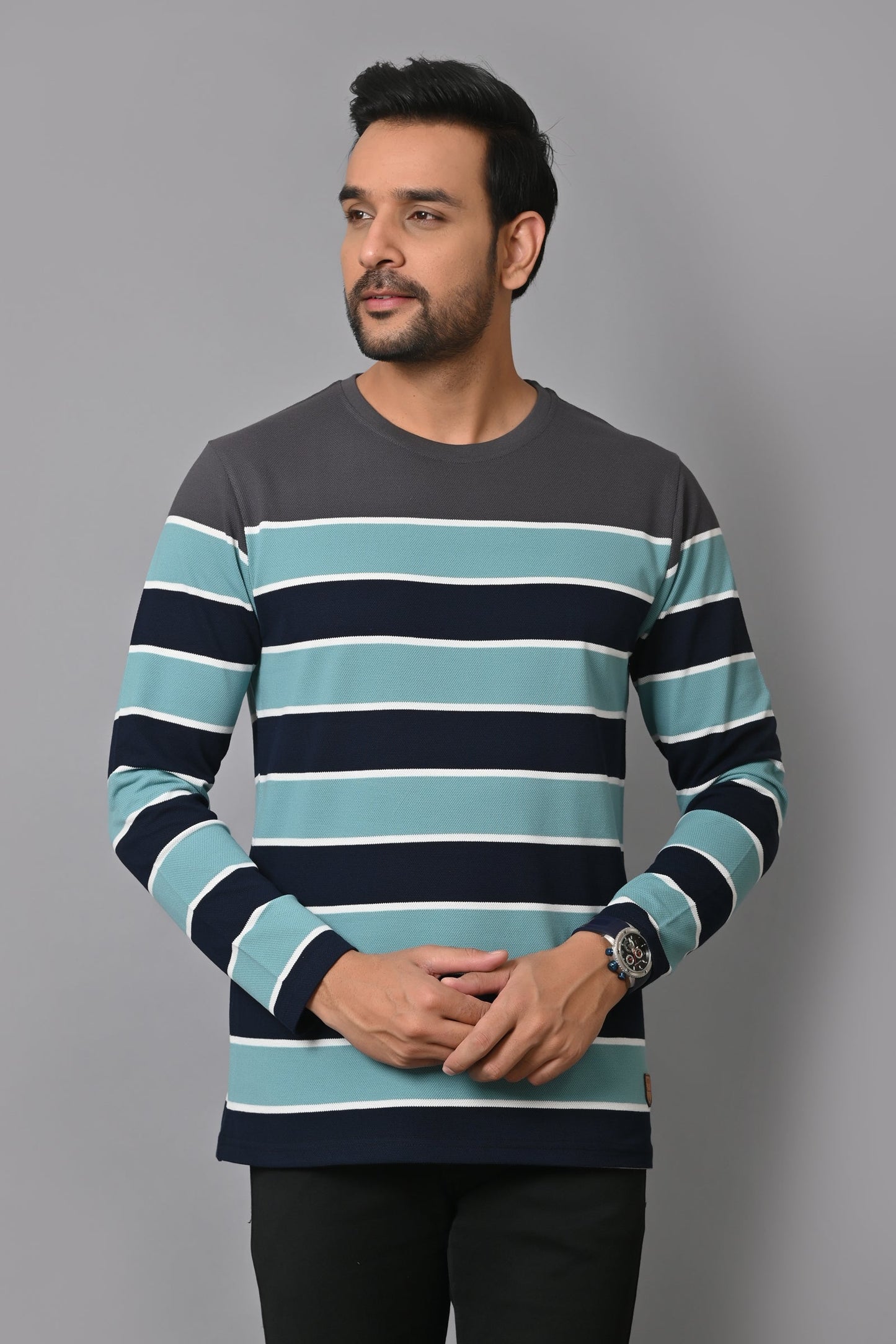 Arbour Men Round Neck Stripes Full Sleeves T-Shirt