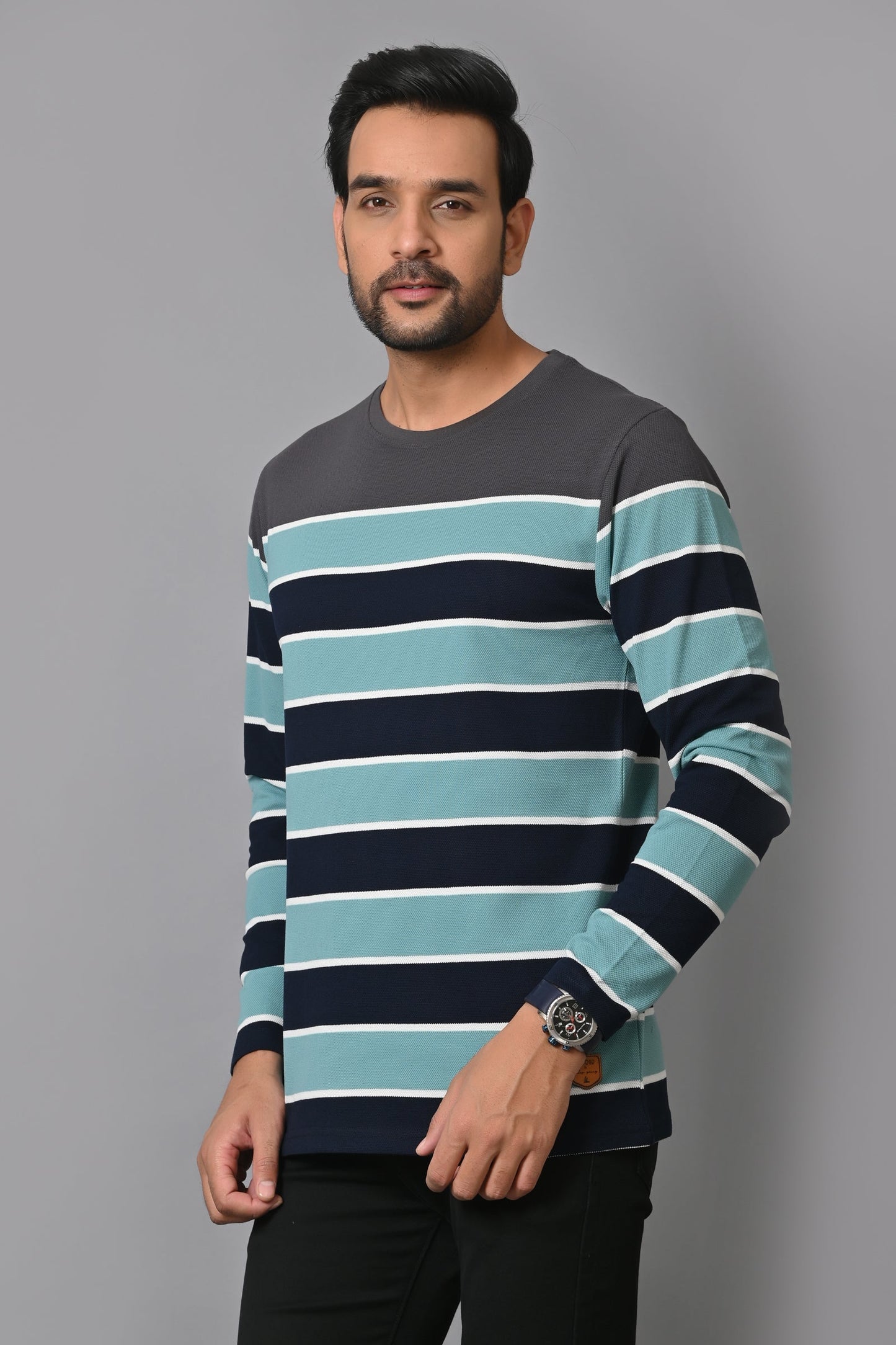 Arbour Men Round Neck Stripes Full Sleeves T-Shirt