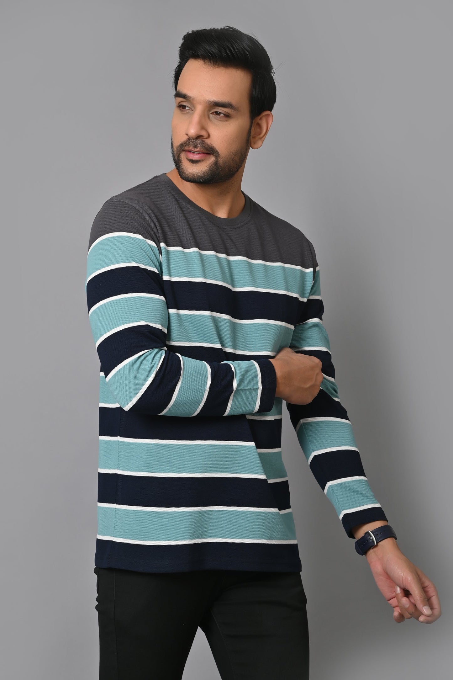 Arbour Men Round Neck Stripes Full Sleeves T-Shirt