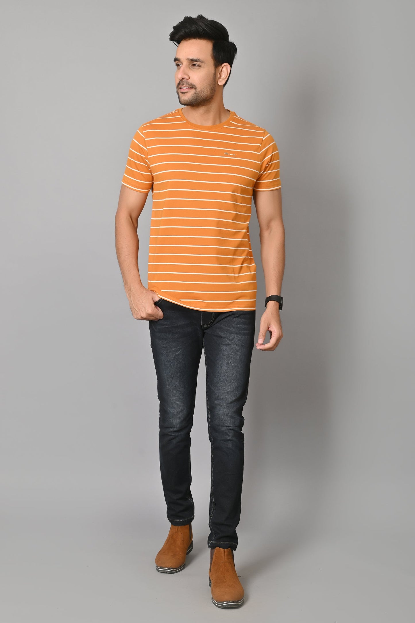 Arbour Men Round Neck Half Sleeves Stripes Slim Fit T-Shirt