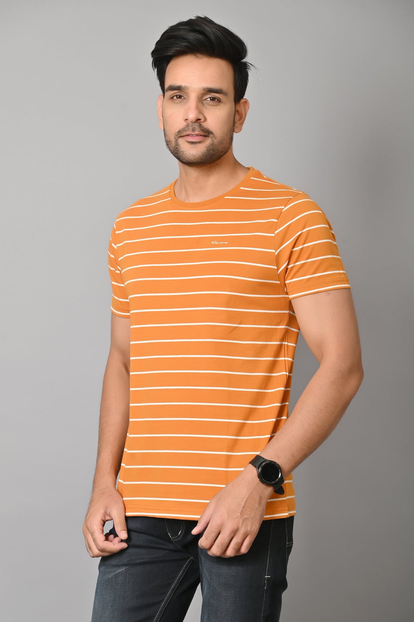 Arbour Men Round Neck Half Sleeves Stripes Slim Fit T-Shirt