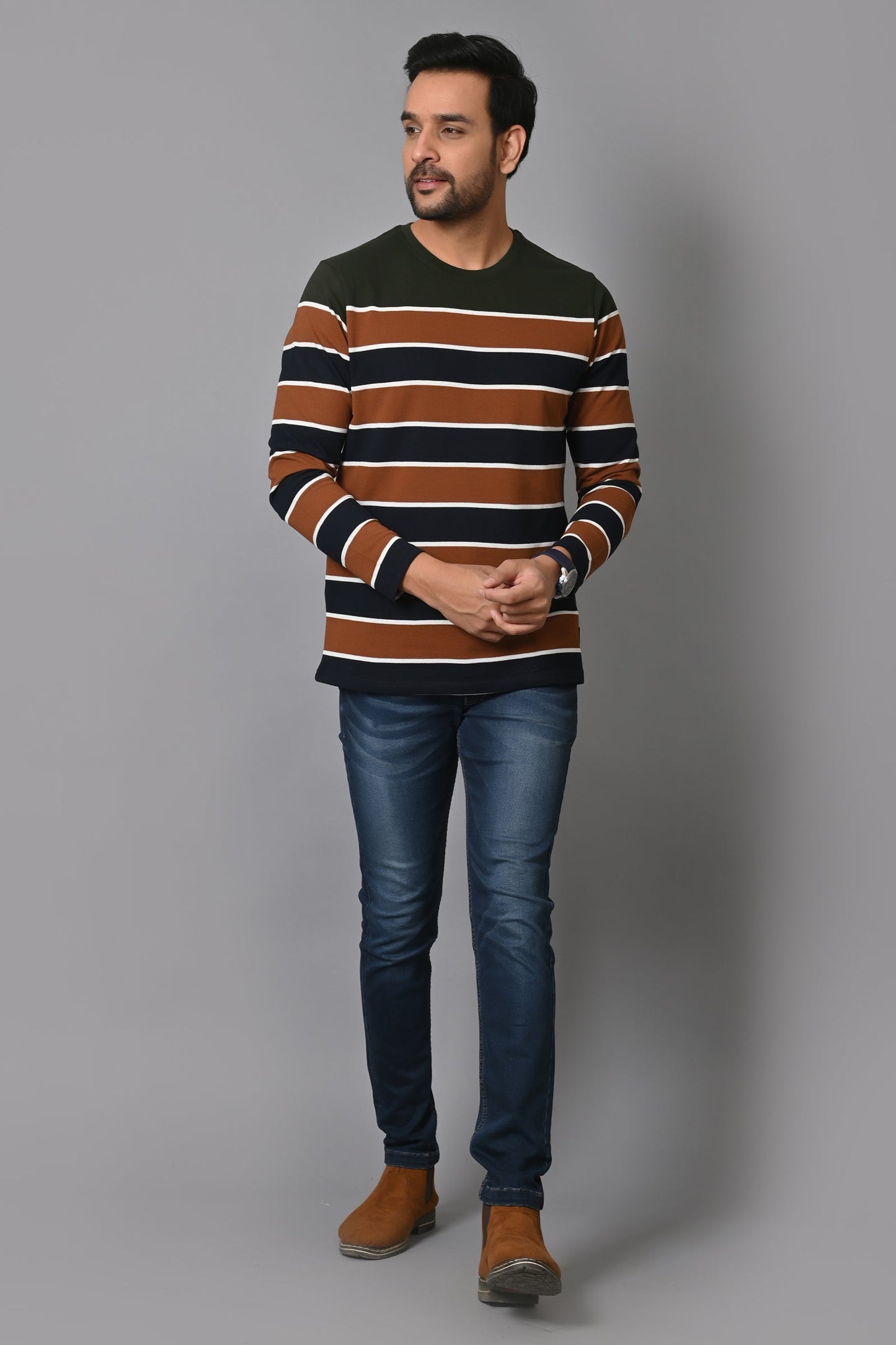 Arbour Men Round Neck Stripes Full Sleeves T-Shirt