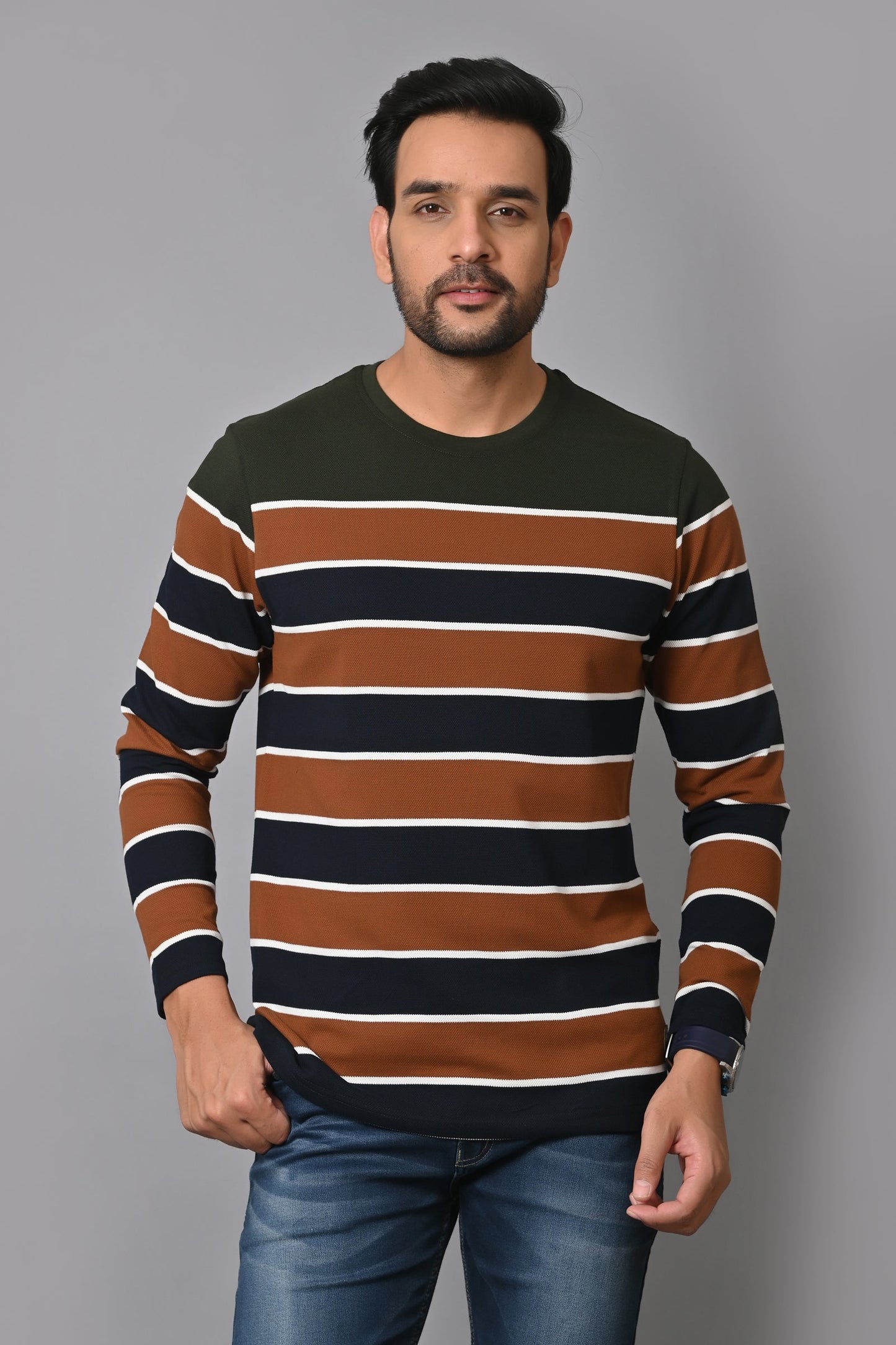 Arbour Men Round Neck Stripes Full Sleeves T-Shirt