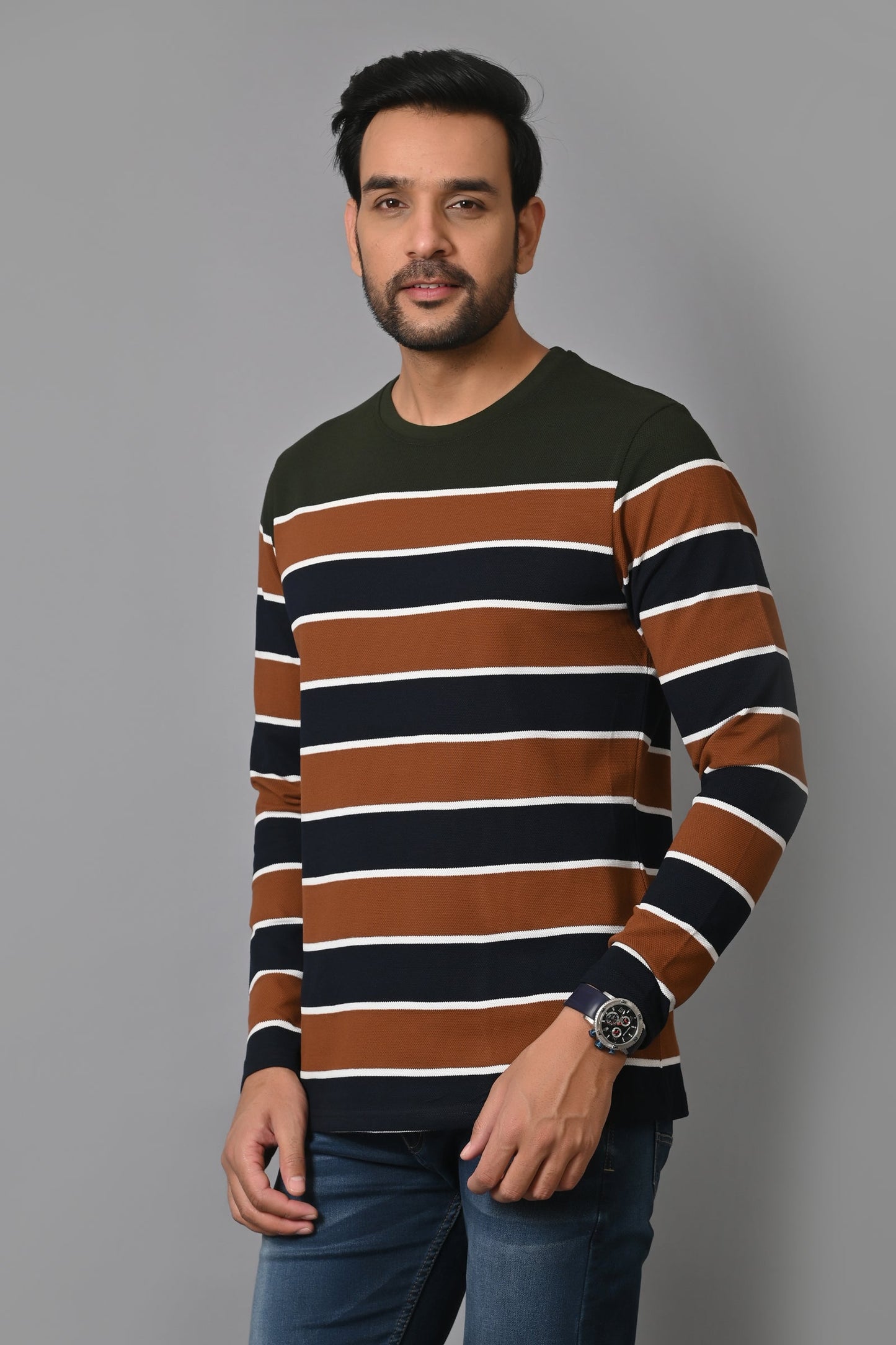 Arbour Men Round Neck Stripes Full Sleeves T-Shirt