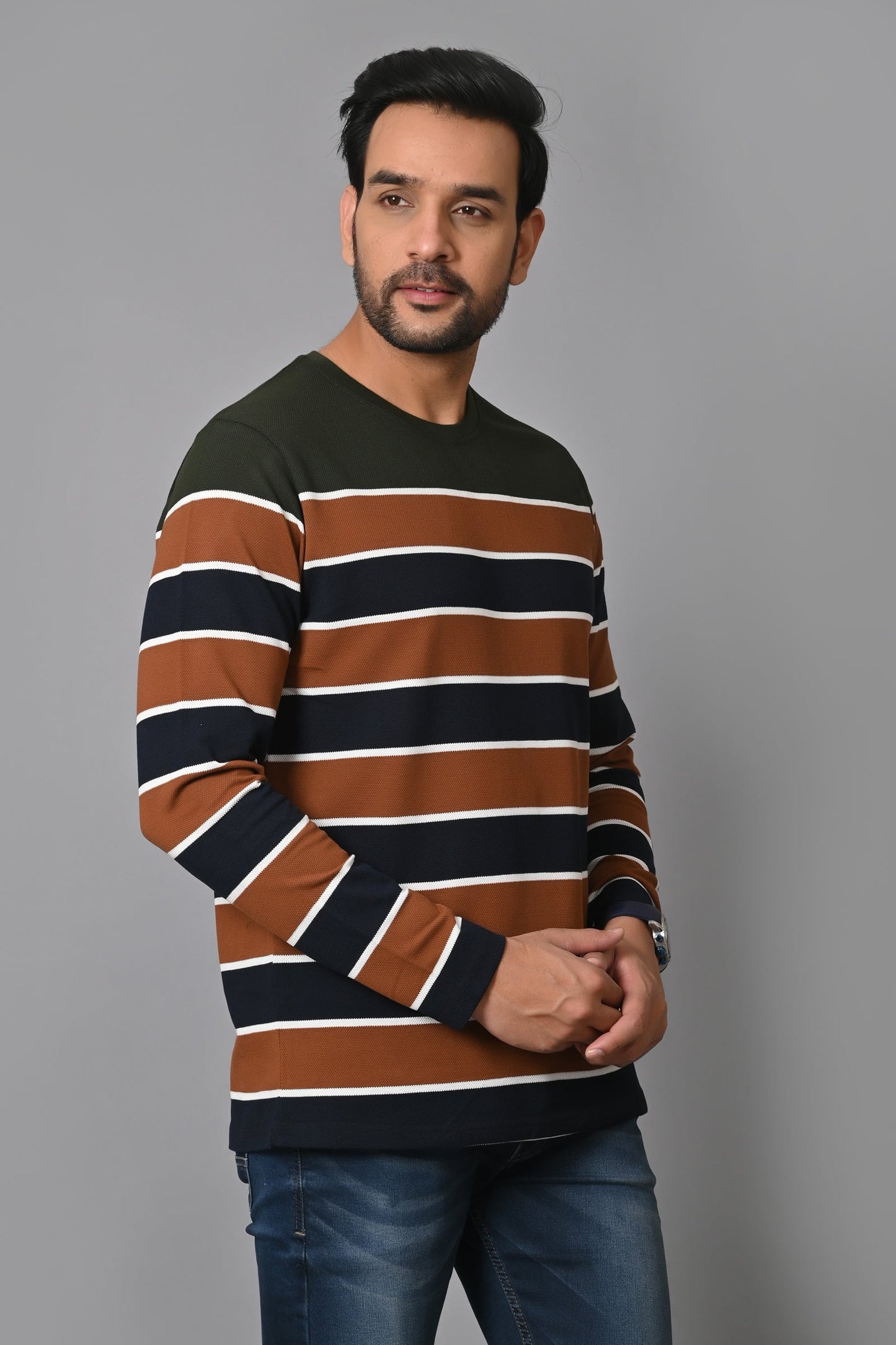 Arbour Men Round Neck Stripes Full Sleeves T-Shirt