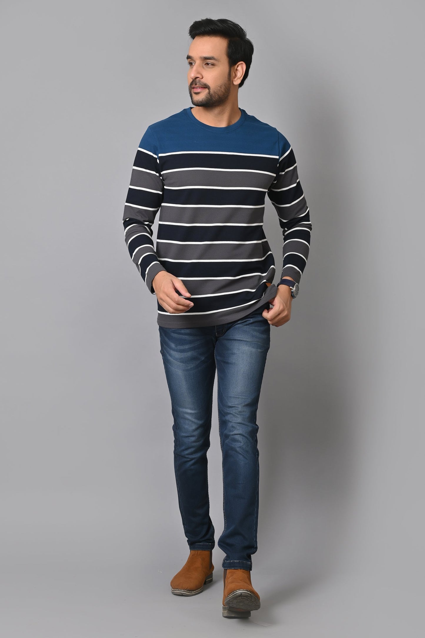 Arbour Men Round Neck Stripes Full Sleeves T-Shirt