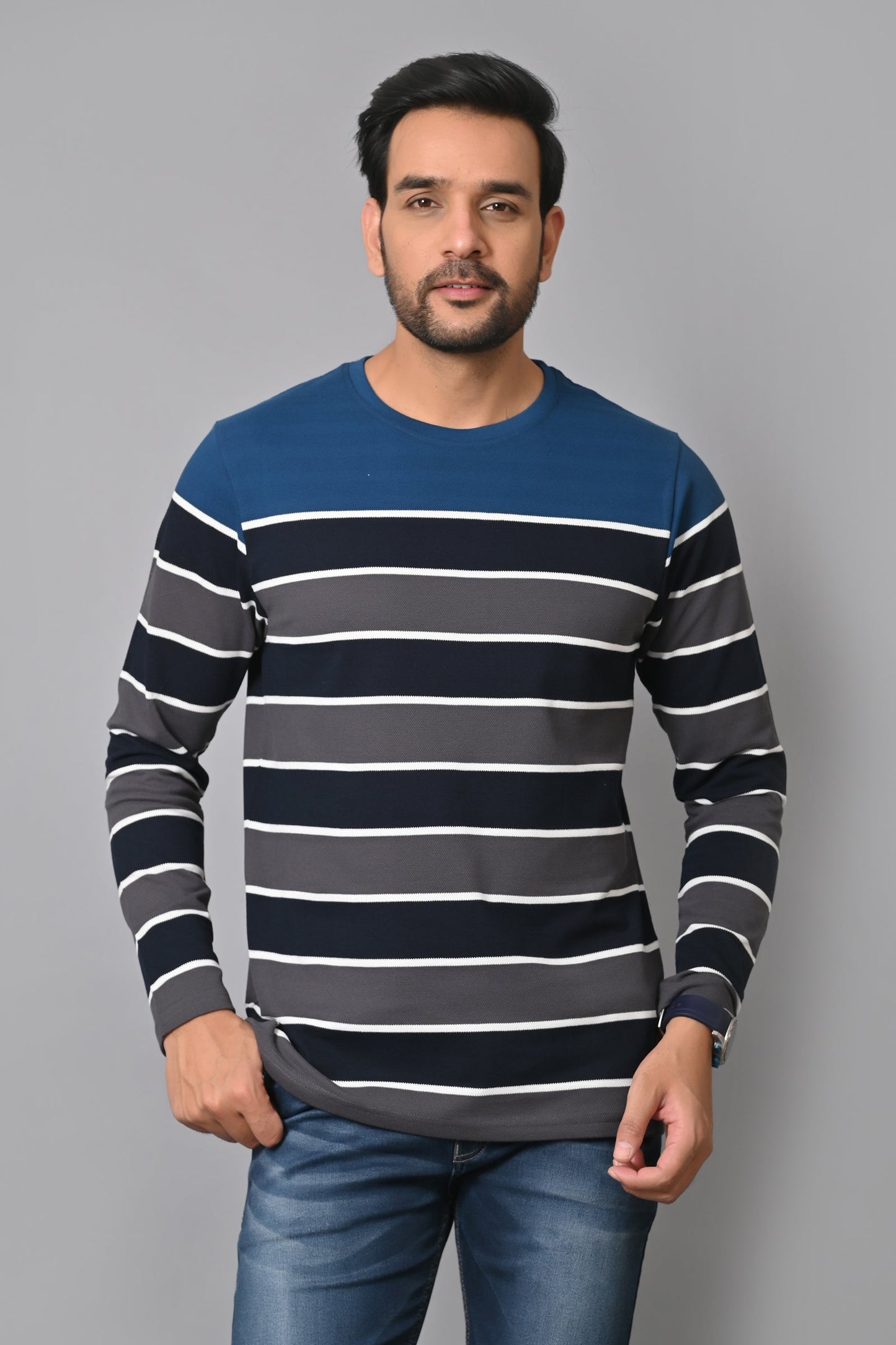 Arbour Men Round Neck Stripes Full Sleeves T-Shirt