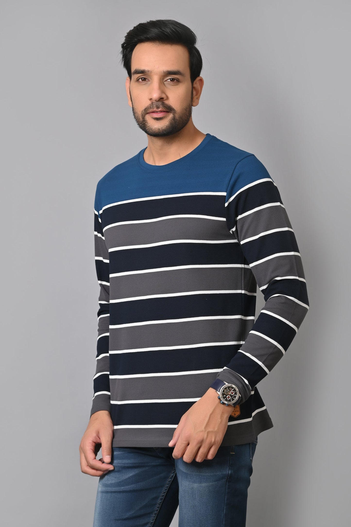 Arbour Men Round Neck Stripes Full Sleeves T-Shirt