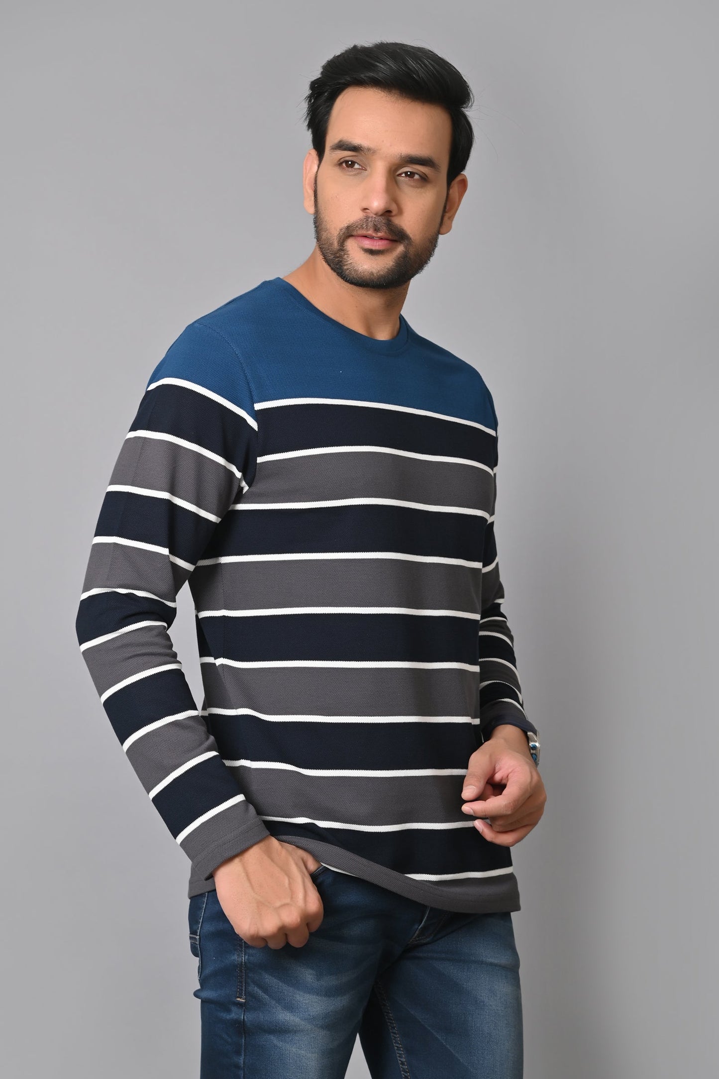 Arbour Men Round Neck Stripes Full Sleeves T-Shirt