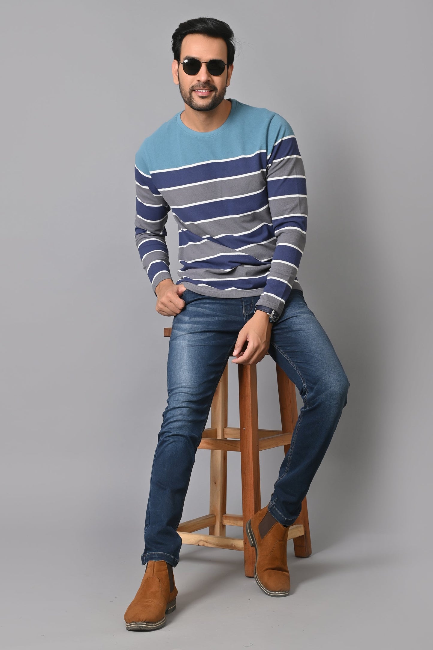 Arbour Men Round Neck Stripes Full Sleeves T-Shirt