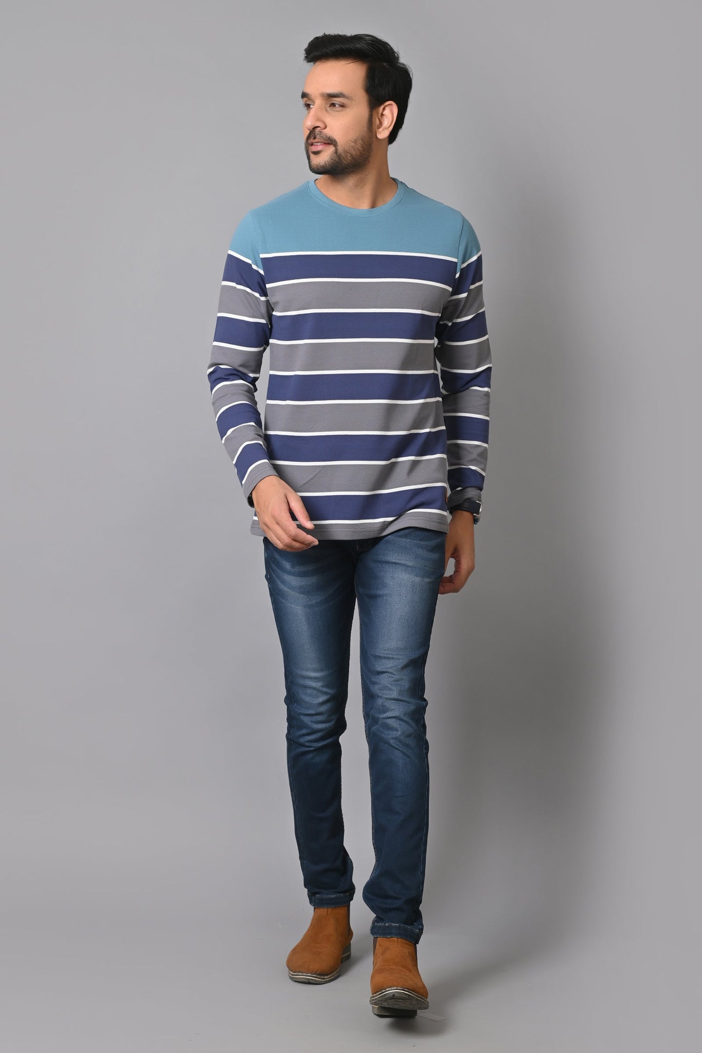 Arbour Men Round Neck Stripes Full Sleeves T-Shirt