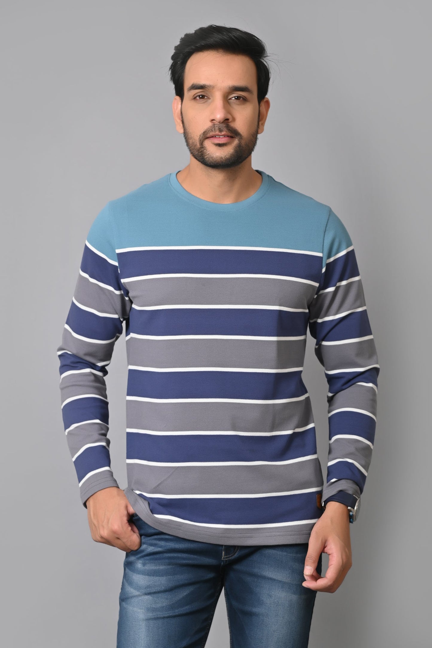 Arbour Men Round Neck Stripes Full Sleeves T-Shirt