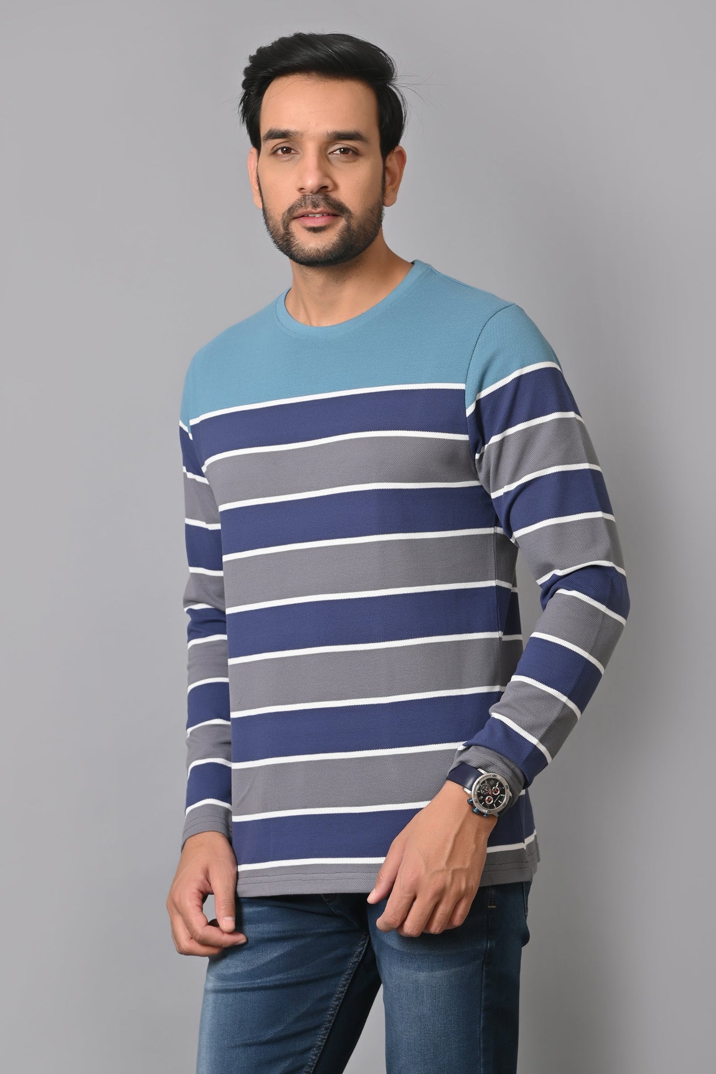 Arbour Men Round Neck Stripes Full Sleeves T-Shirt