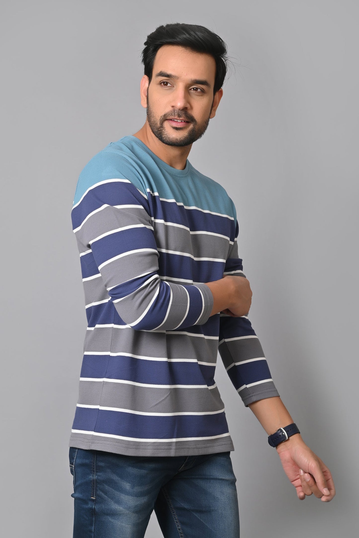 Arbour Men Round Neck Stripes Full Sleeves T-Shirt