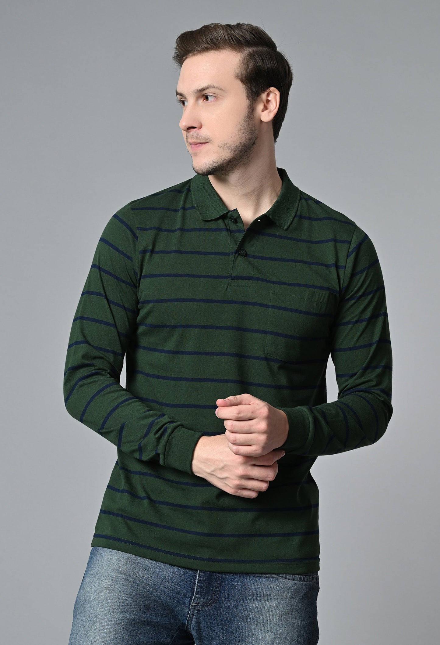 Arbour Men Polo Neck Stripes Pocket Full Sleeves T-Shirt