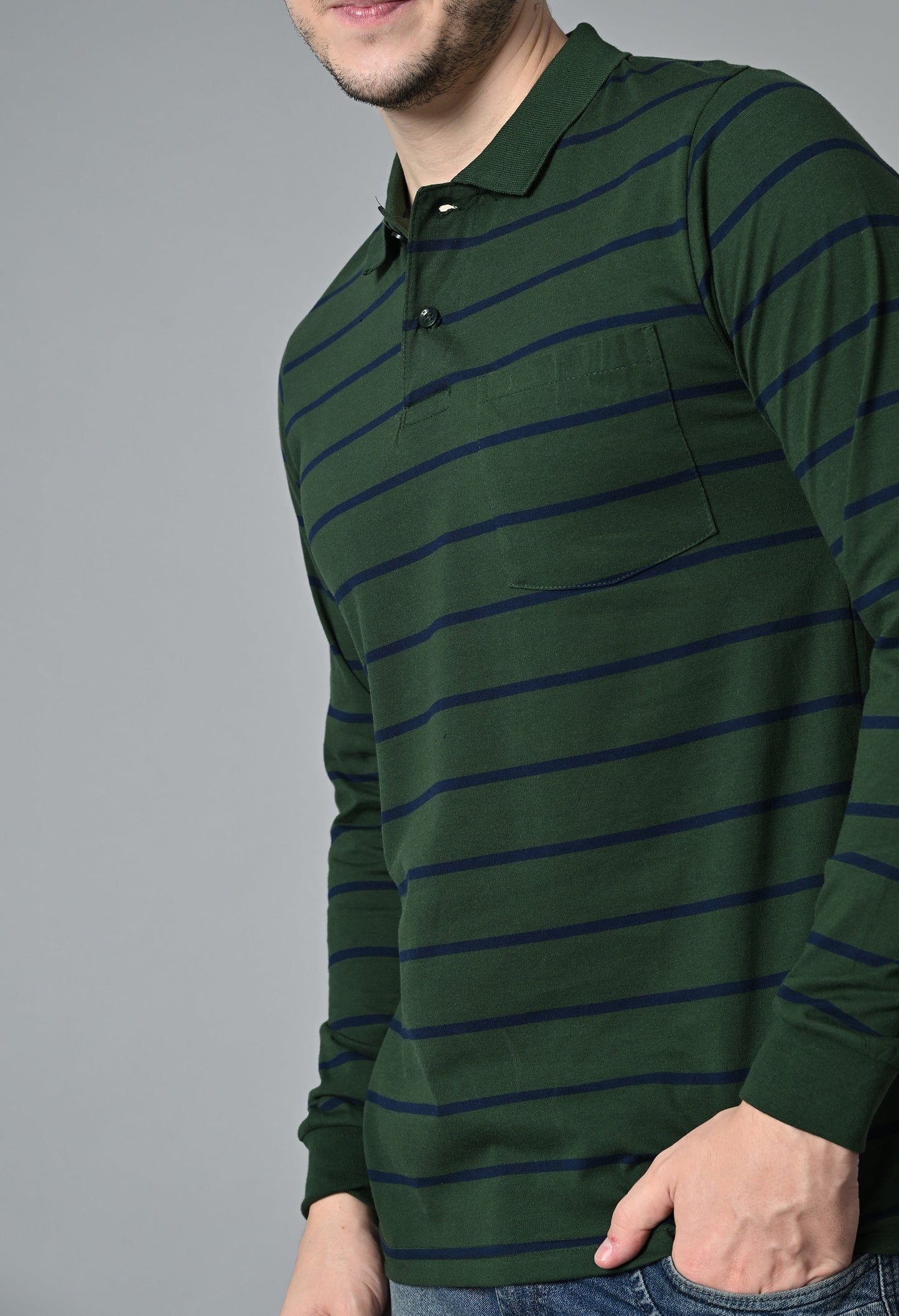 Arbour Men Polo Neck Stripes Pocket Full Sleeves T-Shirt