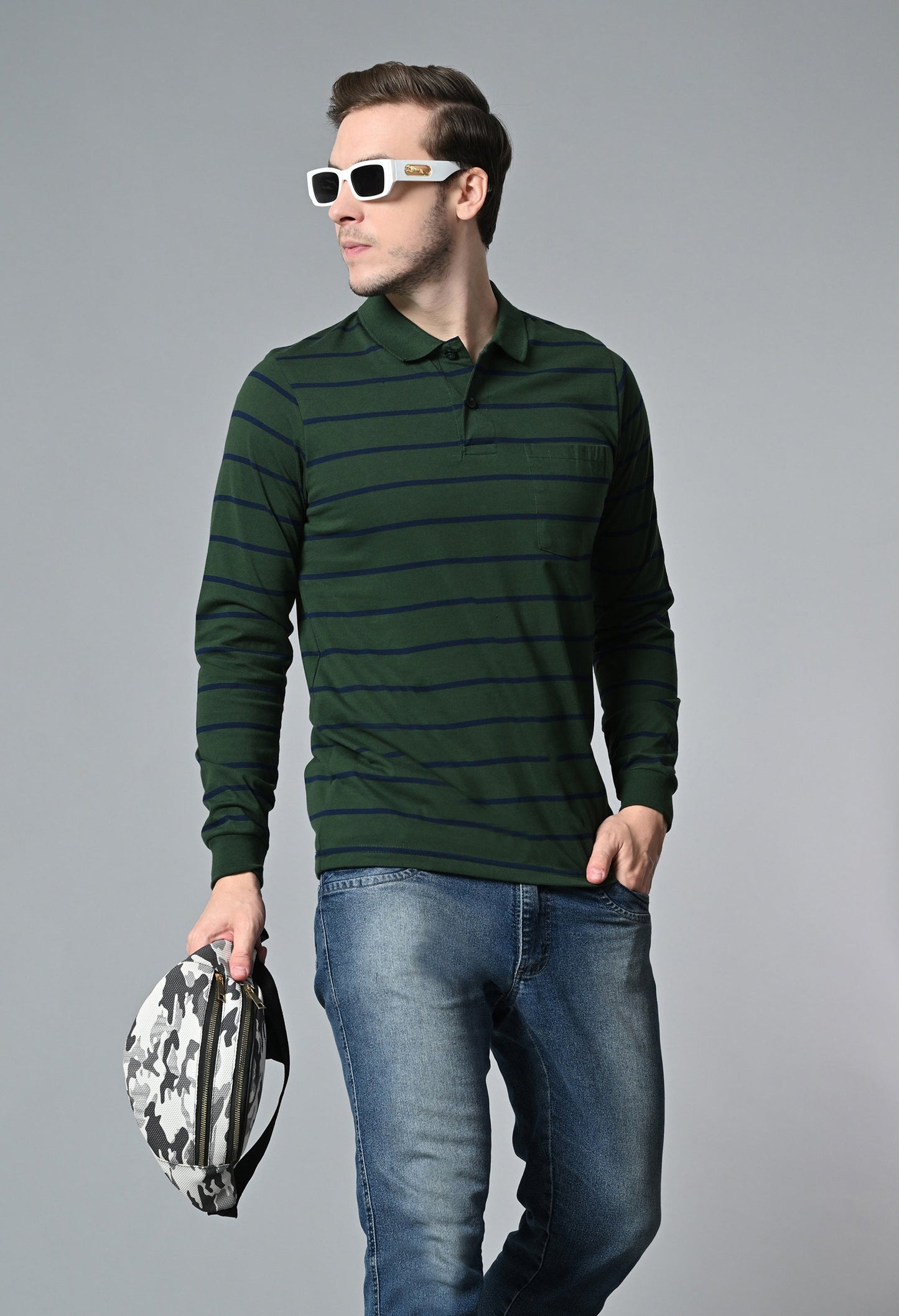 Arbour Men Polo Neck Stripes Pocket Full Sleeves T-Shirt