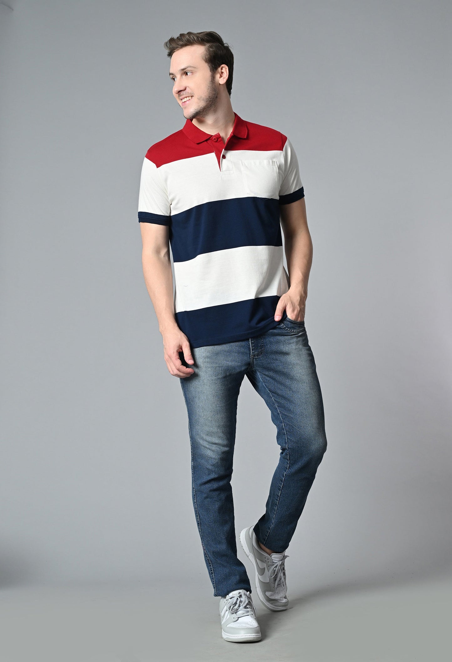 Arbour Men Polo Neck Casual Pocket Color Block T-Shirt