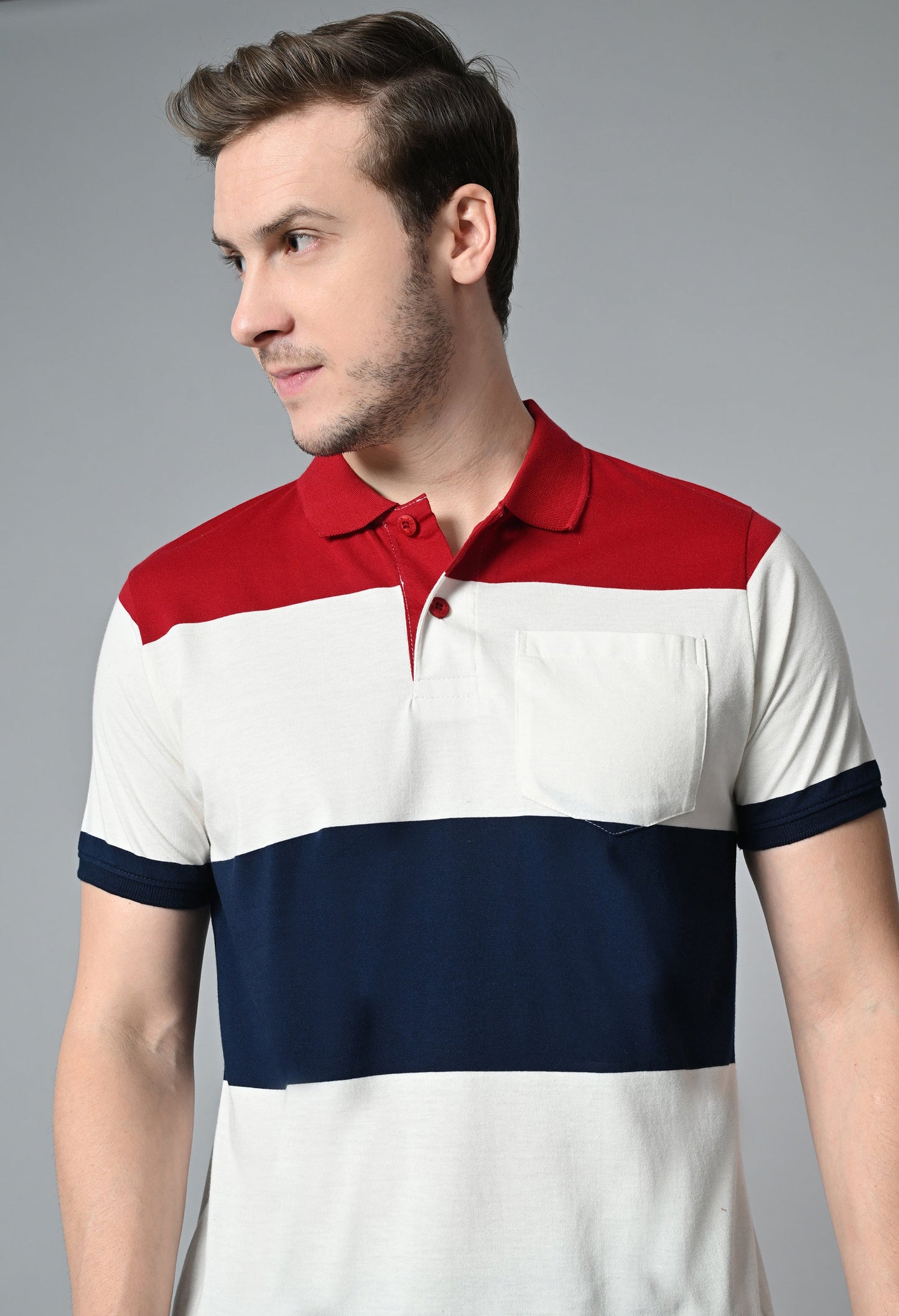 Arbour Men Polo Neck Casual Pocket Color Block T-Shirt