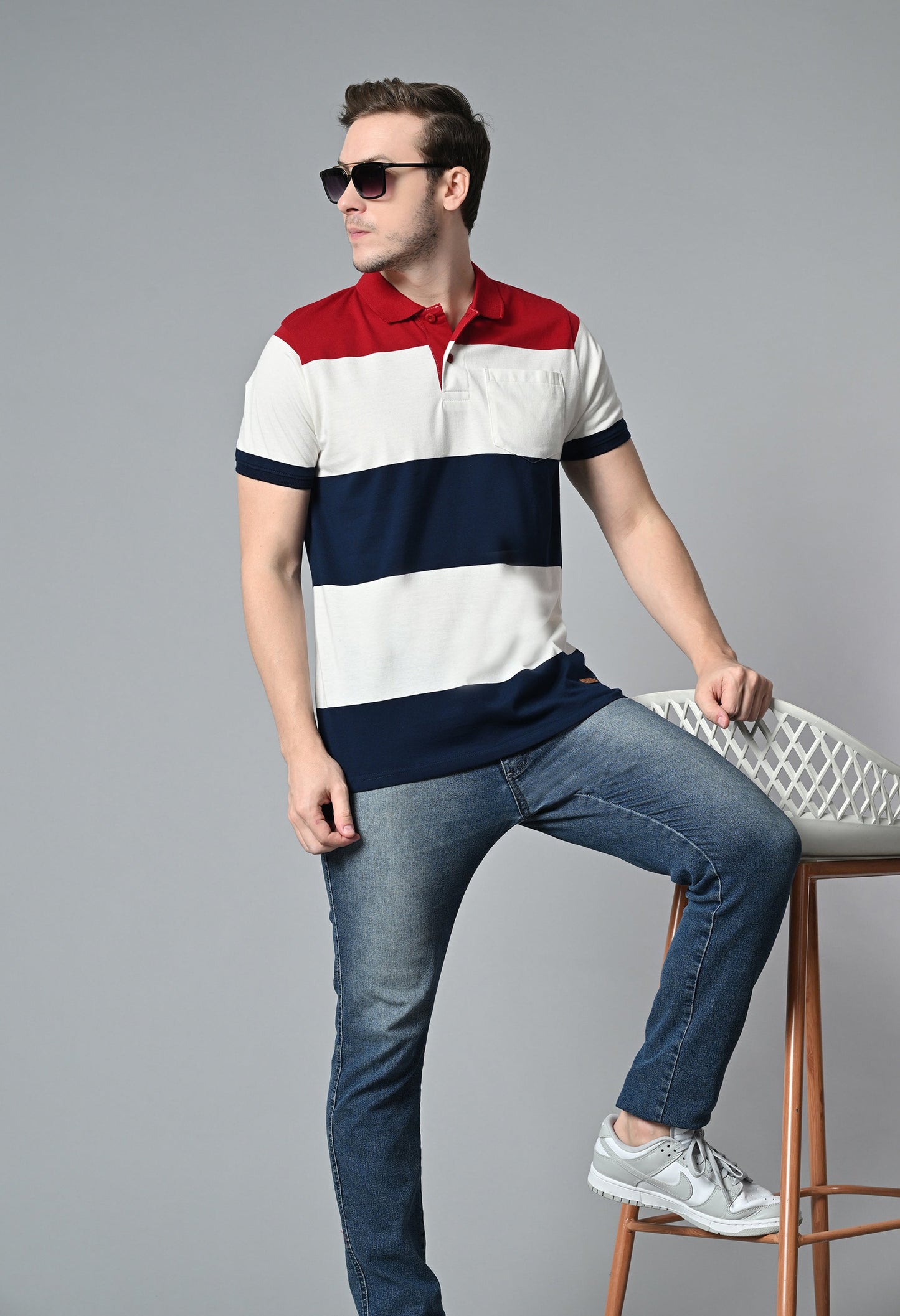 Arbour Men Polo Neck Casual Pocket Color Block T-Shirt