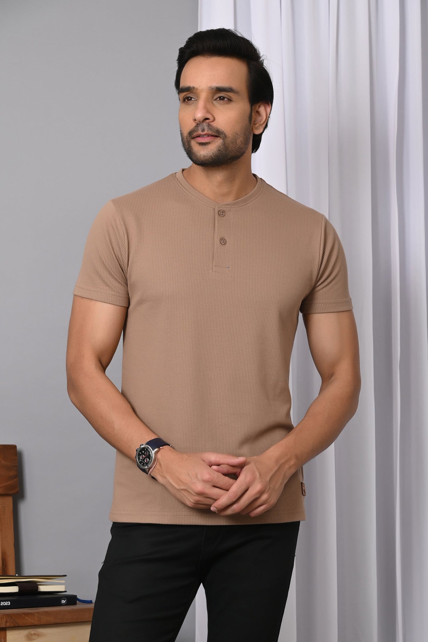 Arbour Men Solid Henley Neck Cotton Blend T-Shirt