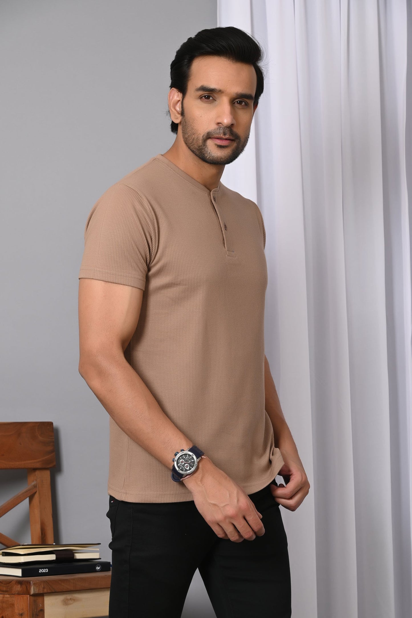 Arbour Men Solid Henley Neck Cotton Blend T-Shirt