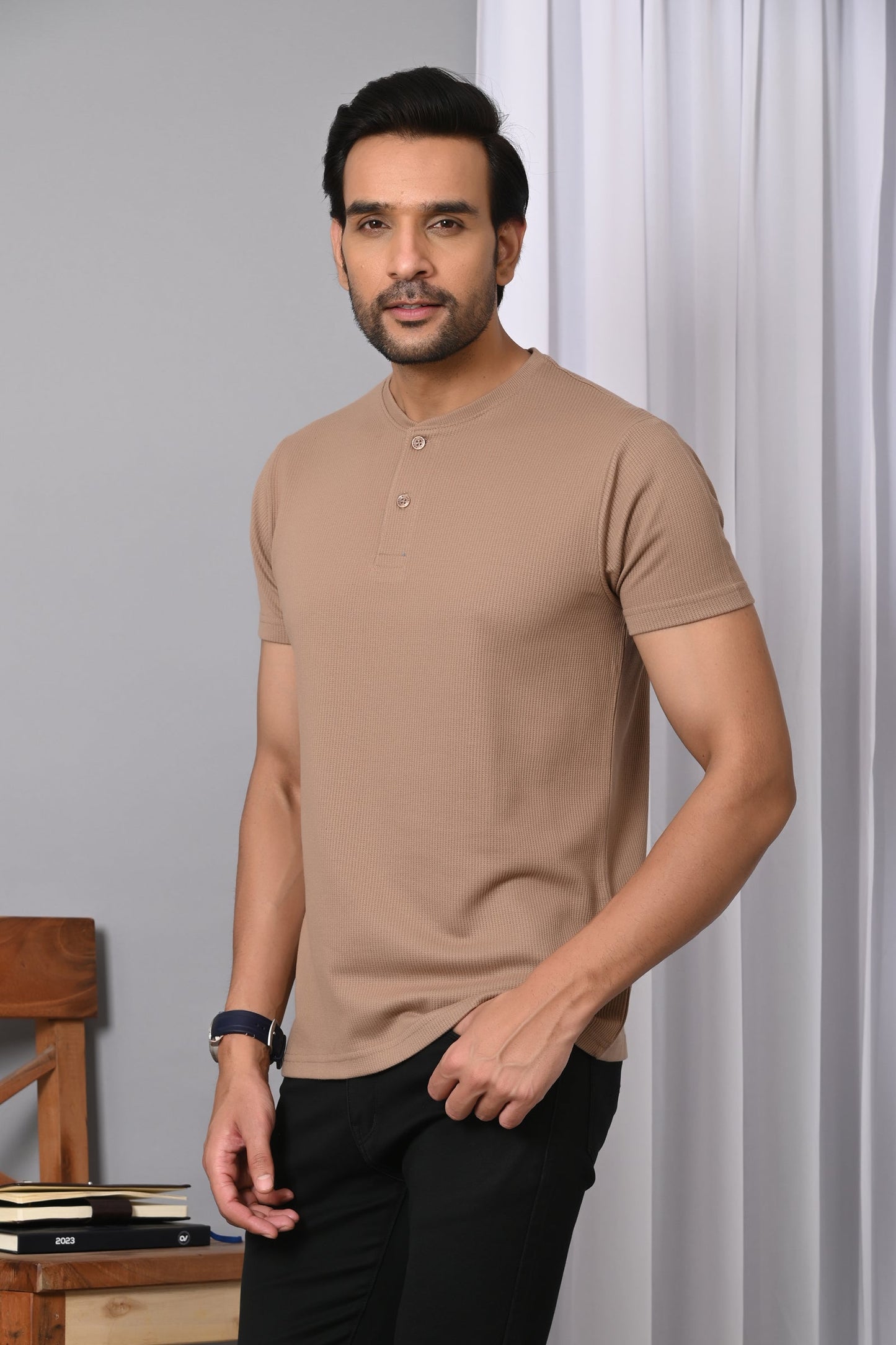 Arbour Men Solid Henley Neck Cotton Blend T-Shirt