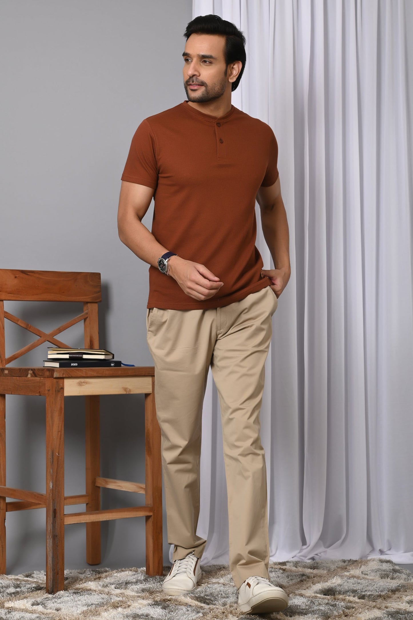 Arbour Men Solid Henley Neck Cotton Blend T-Shirt