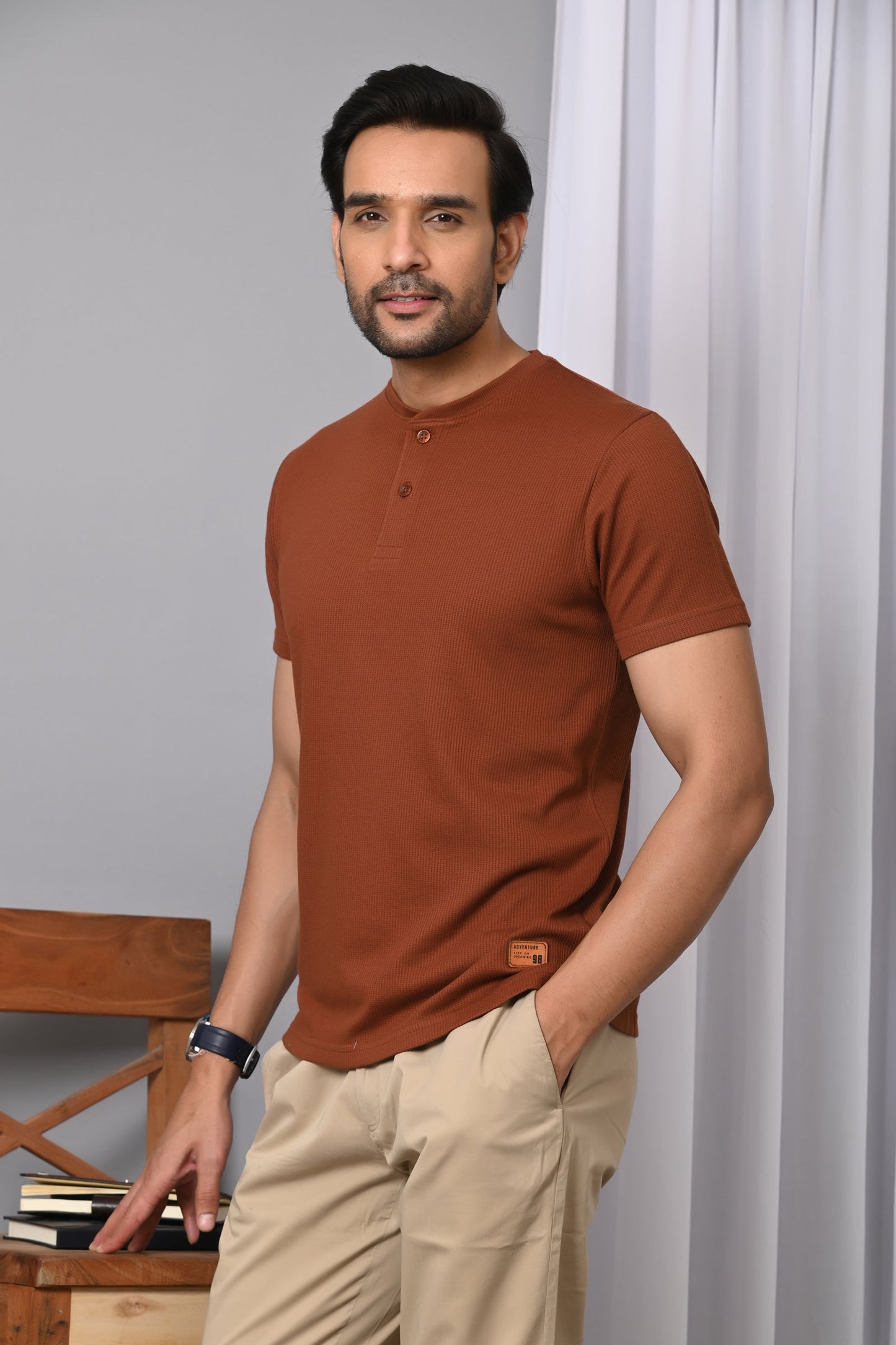 Arbour Men Solid Henley Neck Cotton Blend T-Shirt