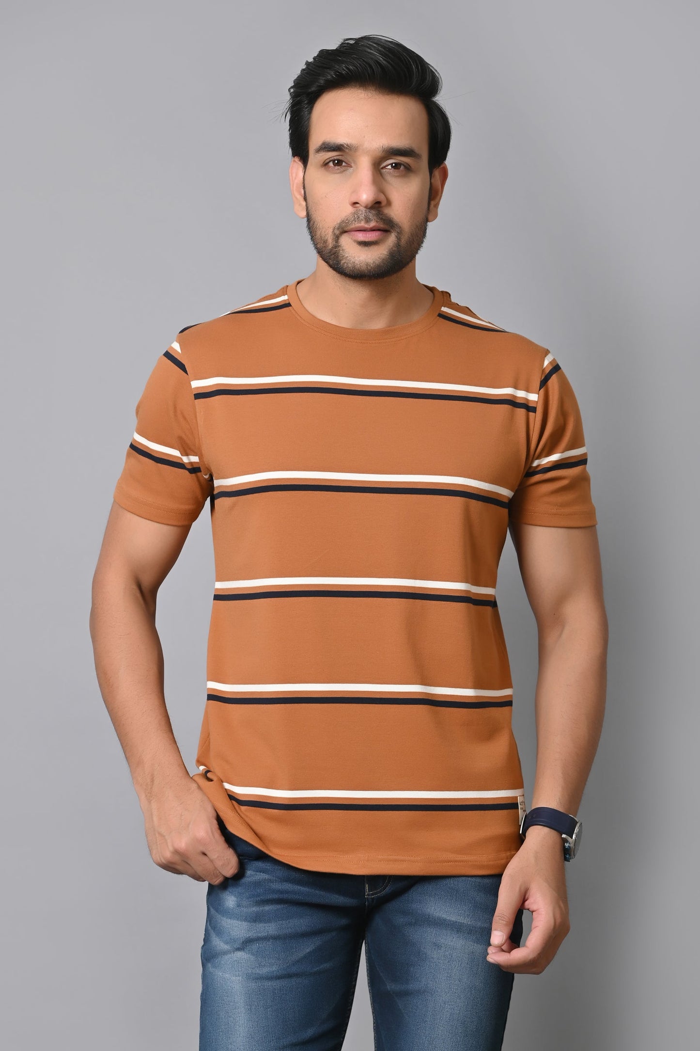 Arbour Men Round Neck Stripes Slim Fit Half Sleeves T-Shirt