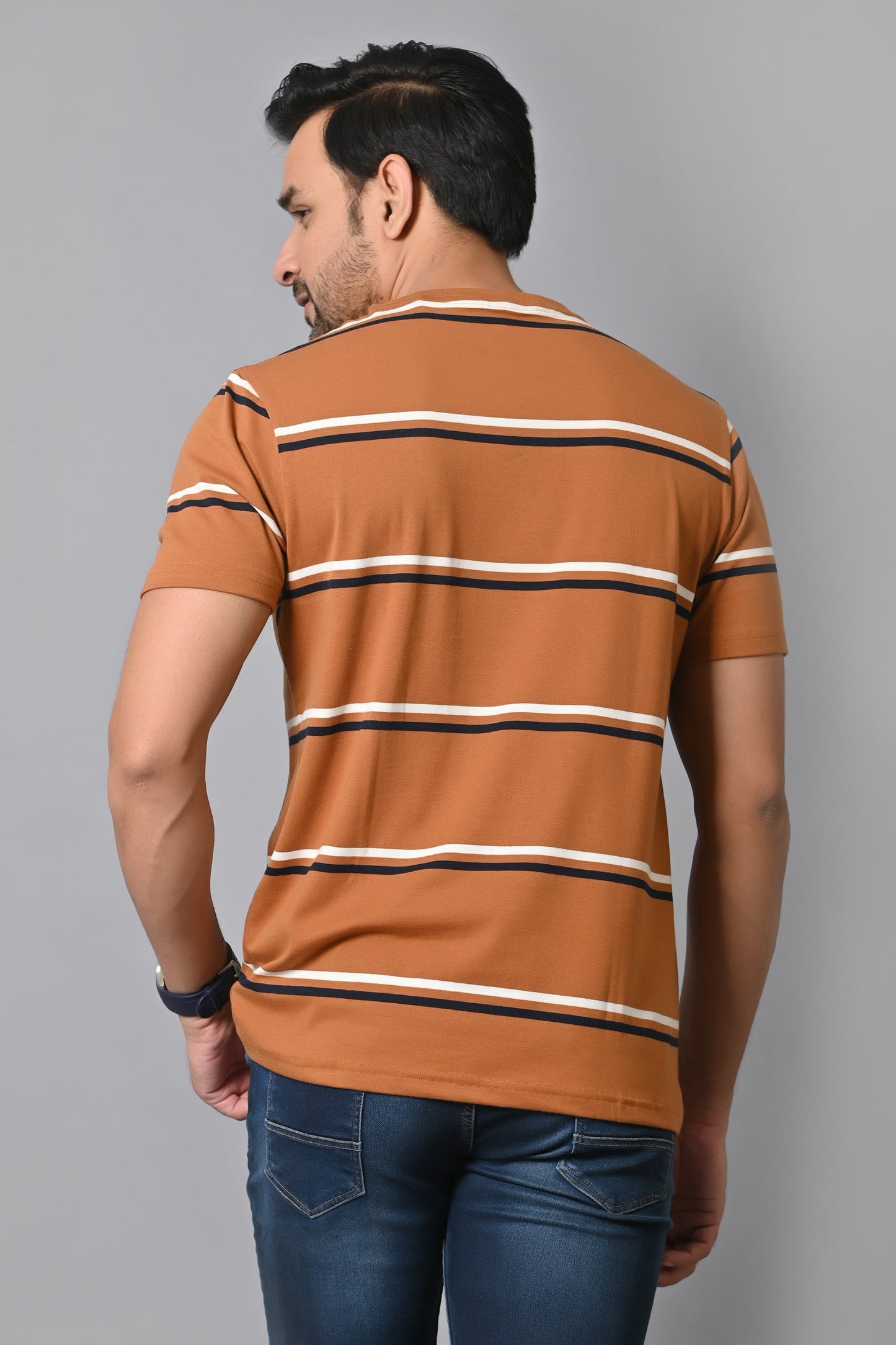 Arbour Men Round Neck Stripes Slim Fit Half Sleeves T-Shirt