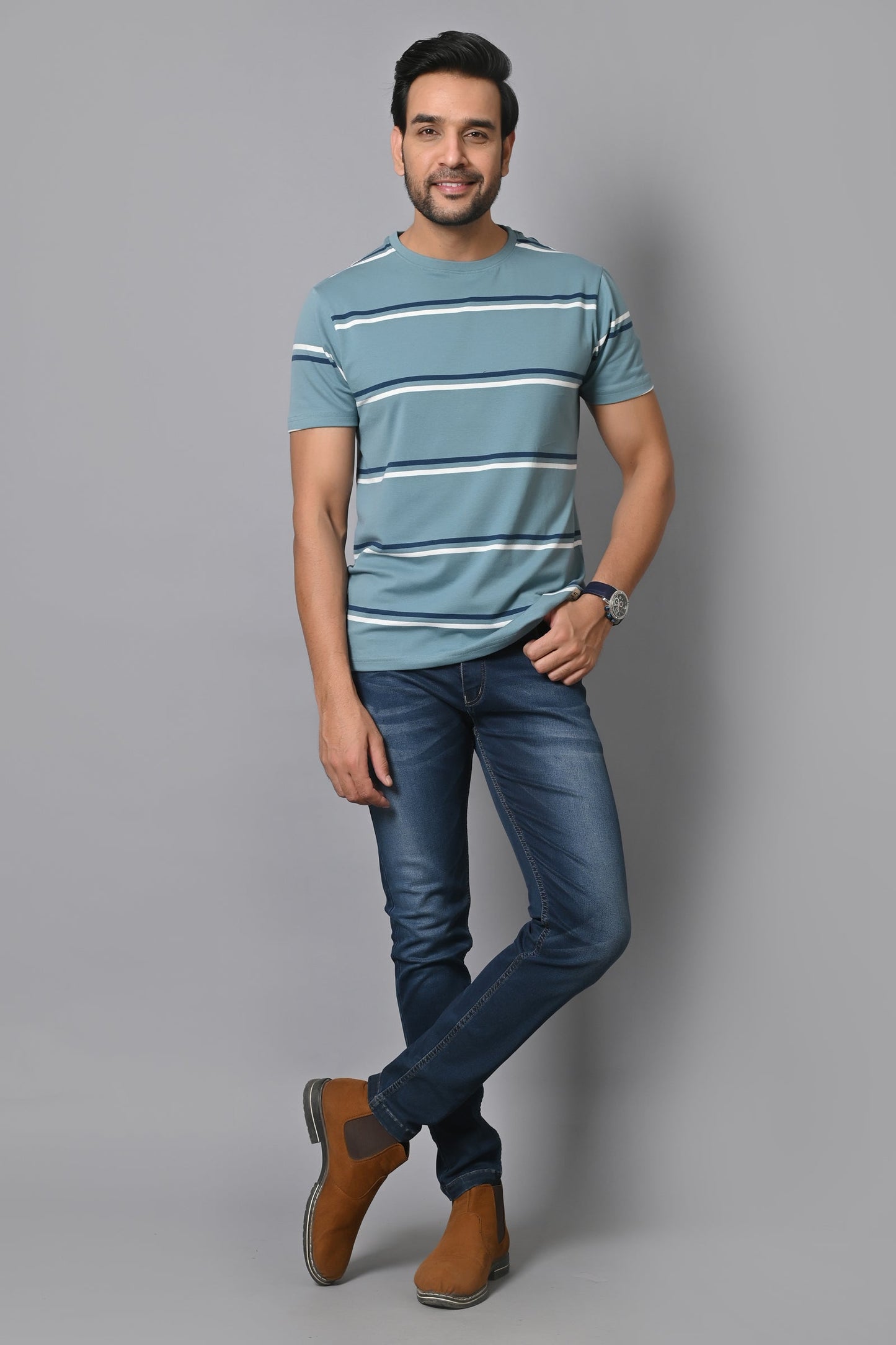 Arbour Men Round Neck Stripes Slim Fit Half Sleeves T-Shirt