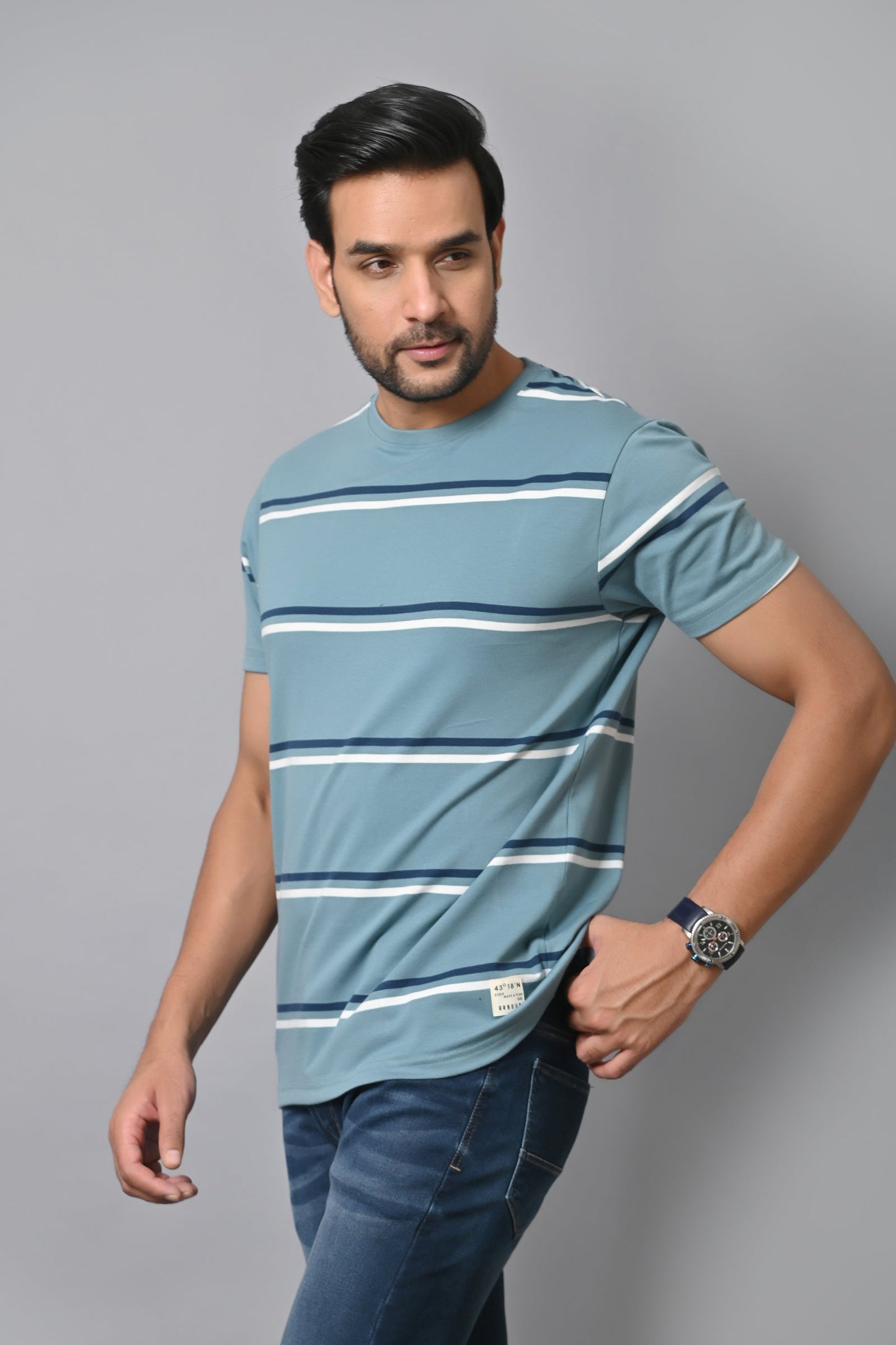 Arbour Men Round Neck Stripes Slim Fit Half Sleeves T-Shirt