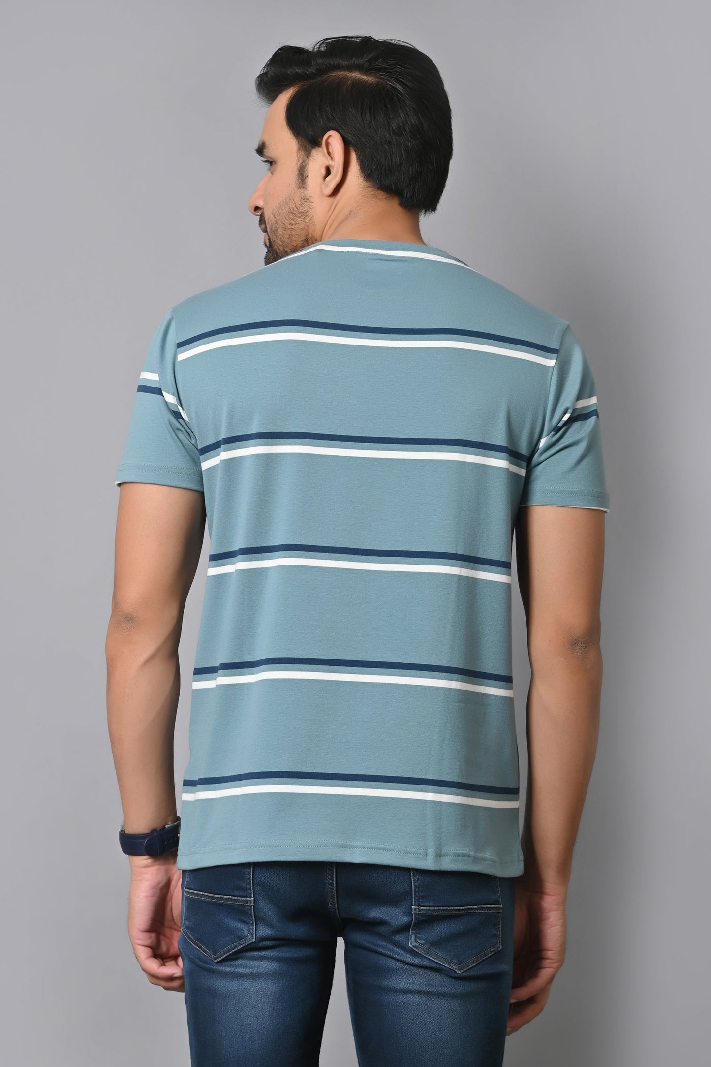 Arbour Men Round Neck Stripes Slim Fit Half Sleeves T-Shirt