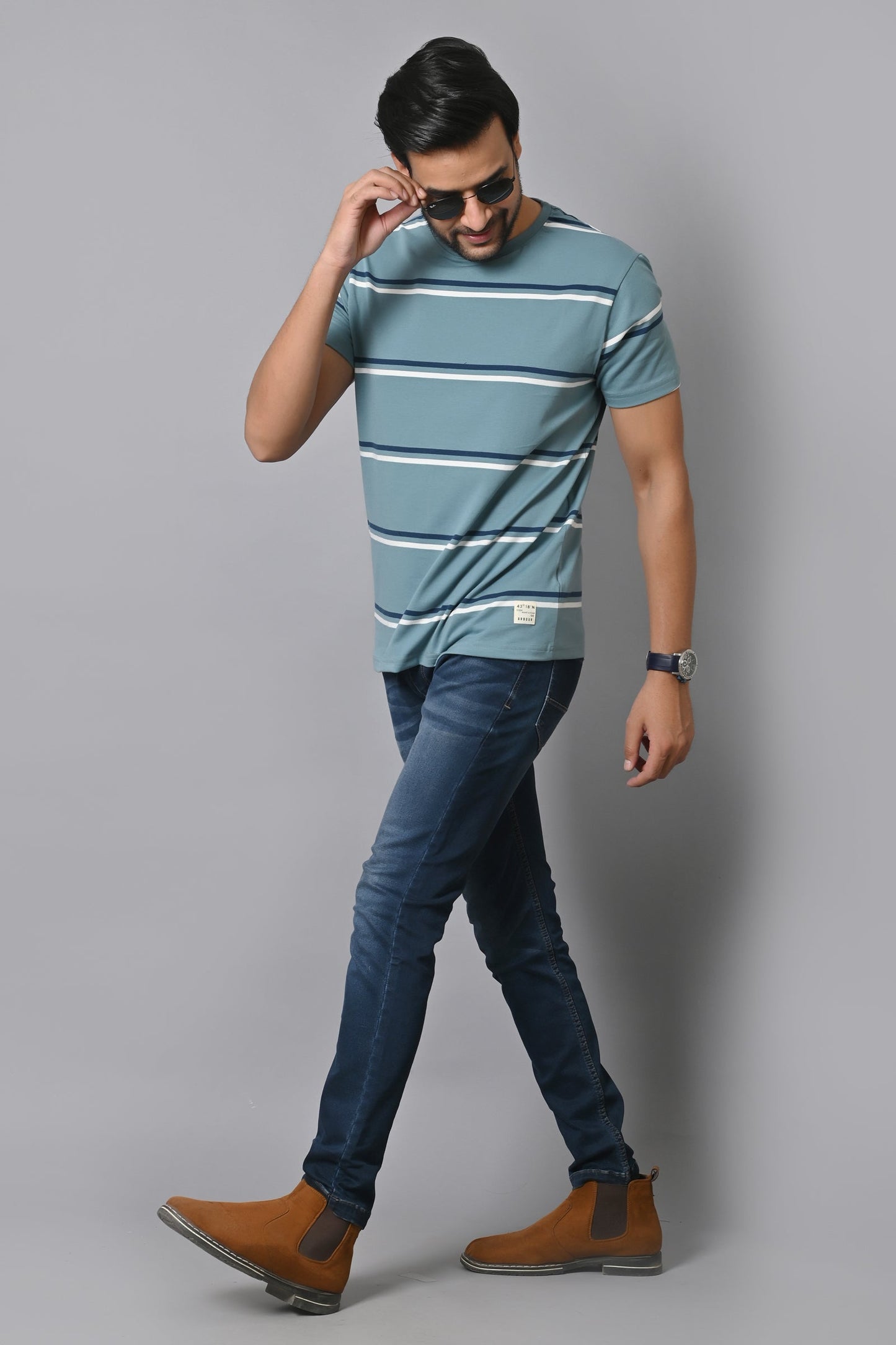 Arbour Men Round Neck Stripes Slim Fit Half Sleeves T-Shirt