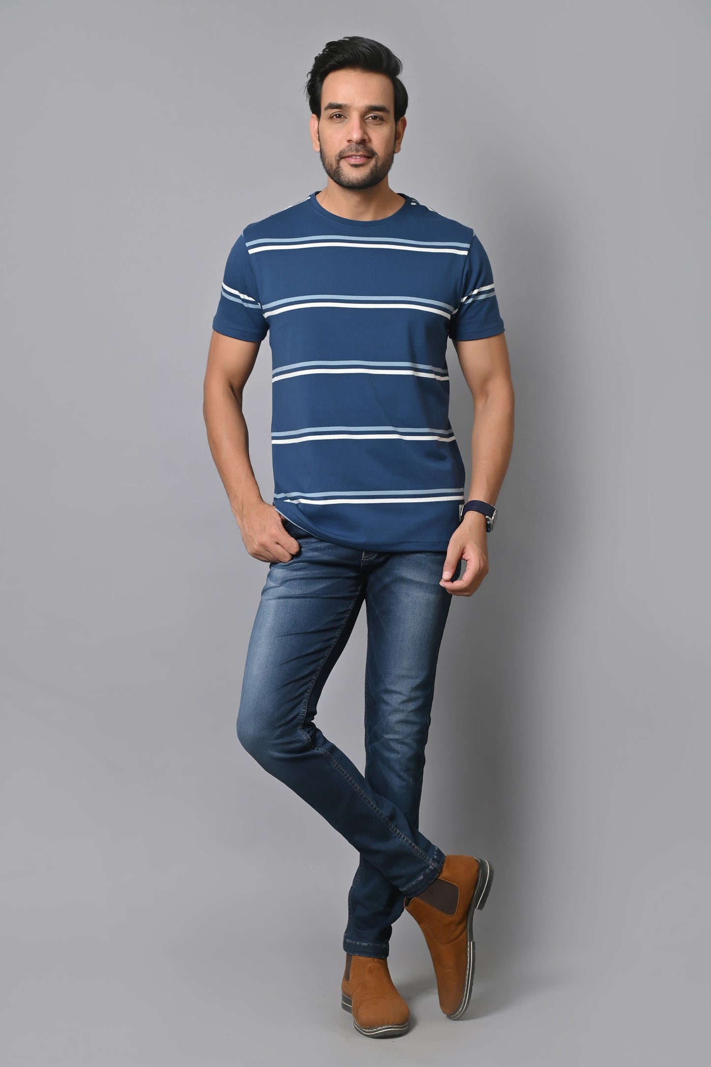 Arbour Men Round Neck Stripes Slim Fit Half Sleeves T-Shirt