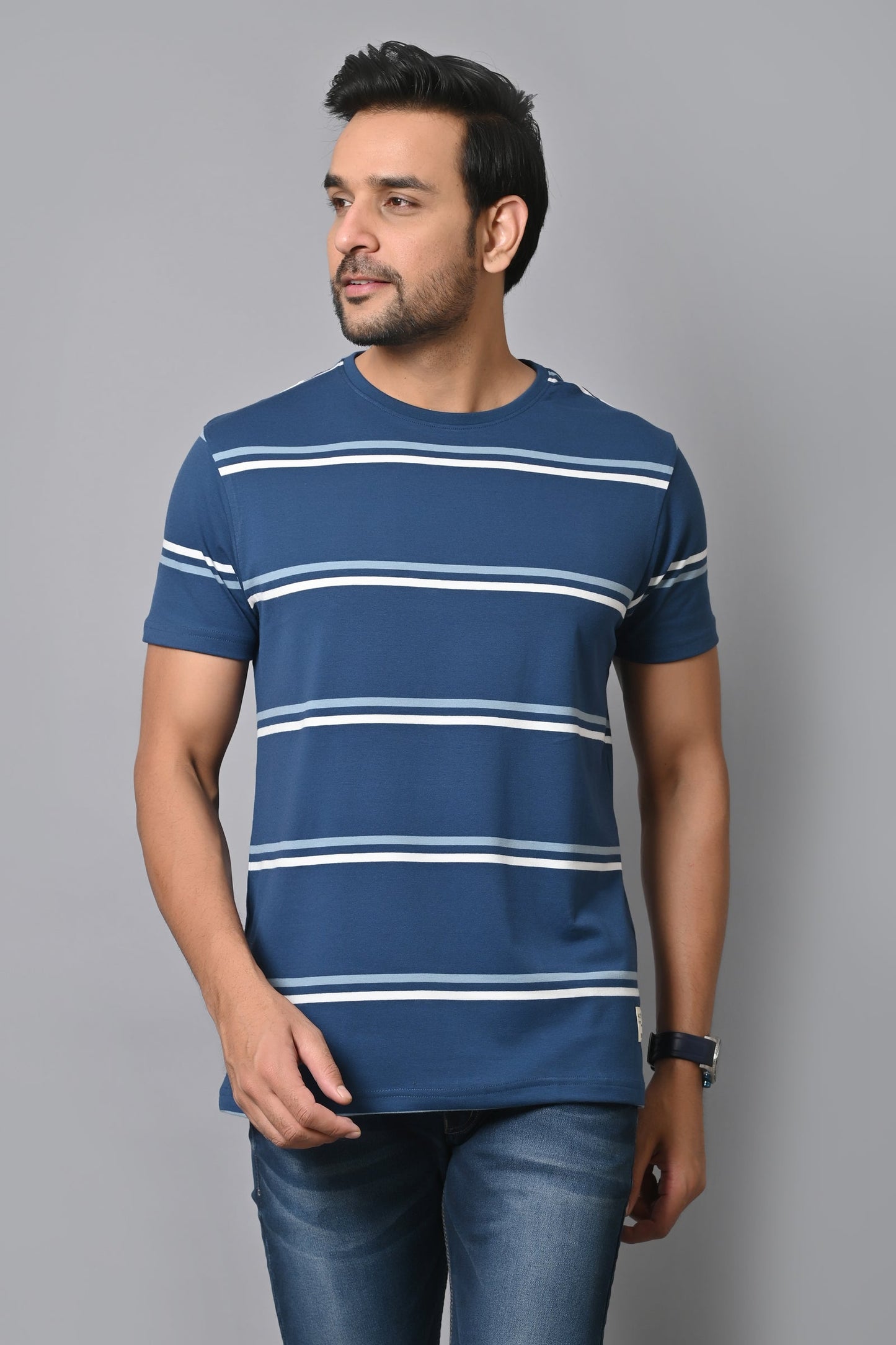 Arbour Men Round Neck Stripes Slim Fit Half Sleeves T-Shirt