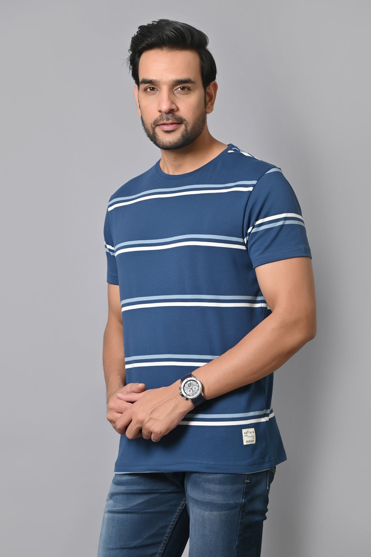 Arbour Men Round Neck Stripes Slim Fit Half Sleeves T-Shirt