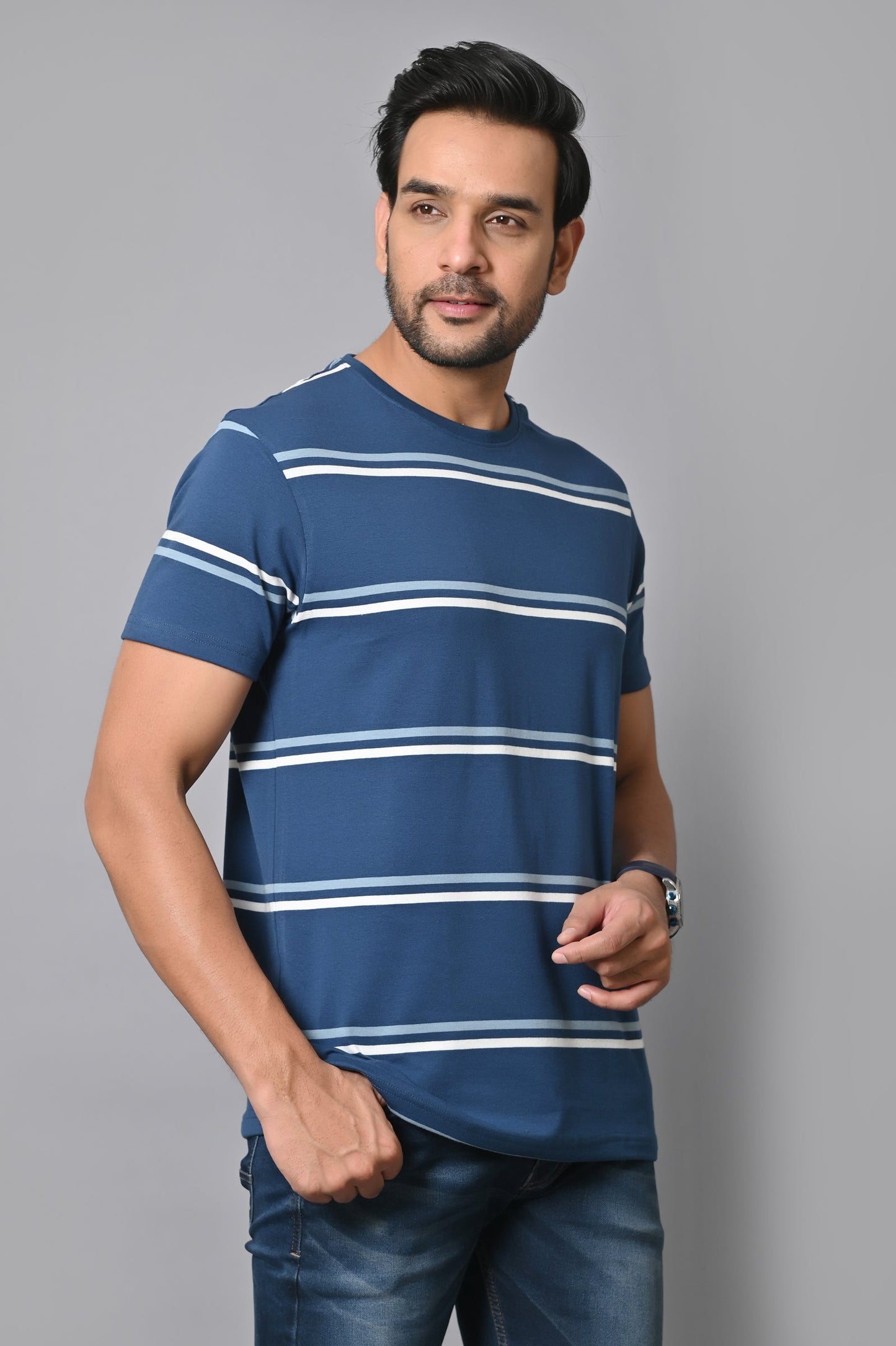 Arbour Men Round Neck Stripes Slim Fit Half Sleeves T-Shirt